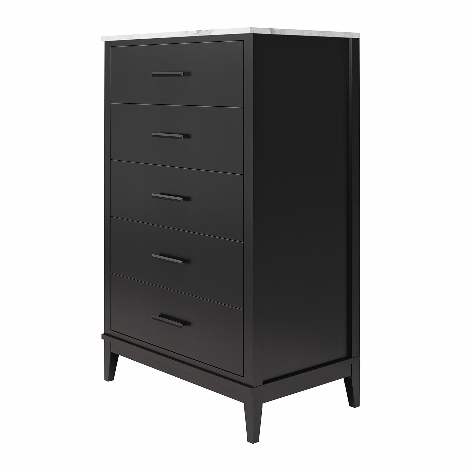 Lynnhaven Modern Tall 5 Drawer Dresser with Tapered Legs & Marble Top - Black