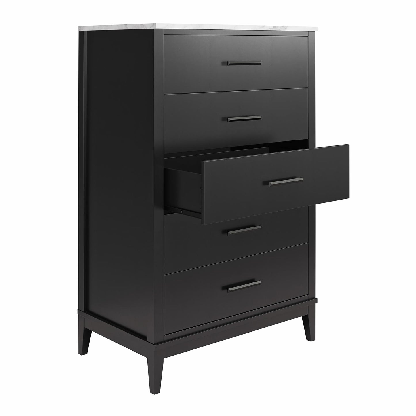 Lynnhaven Modern Tall 5 Drawer Dresser with Tapered Legs & Marble Top - Black