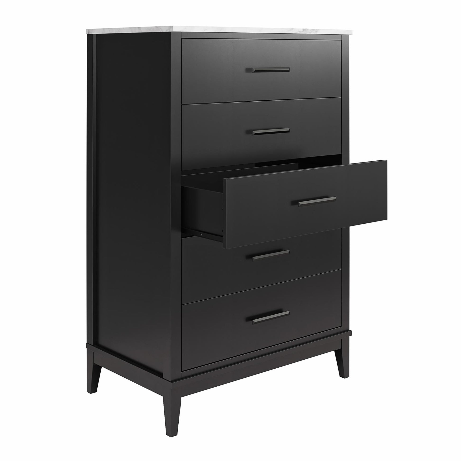Lynnhaven Modern Tall 5 Drawer Dresser with Tapered Legs & Marble Top - Black