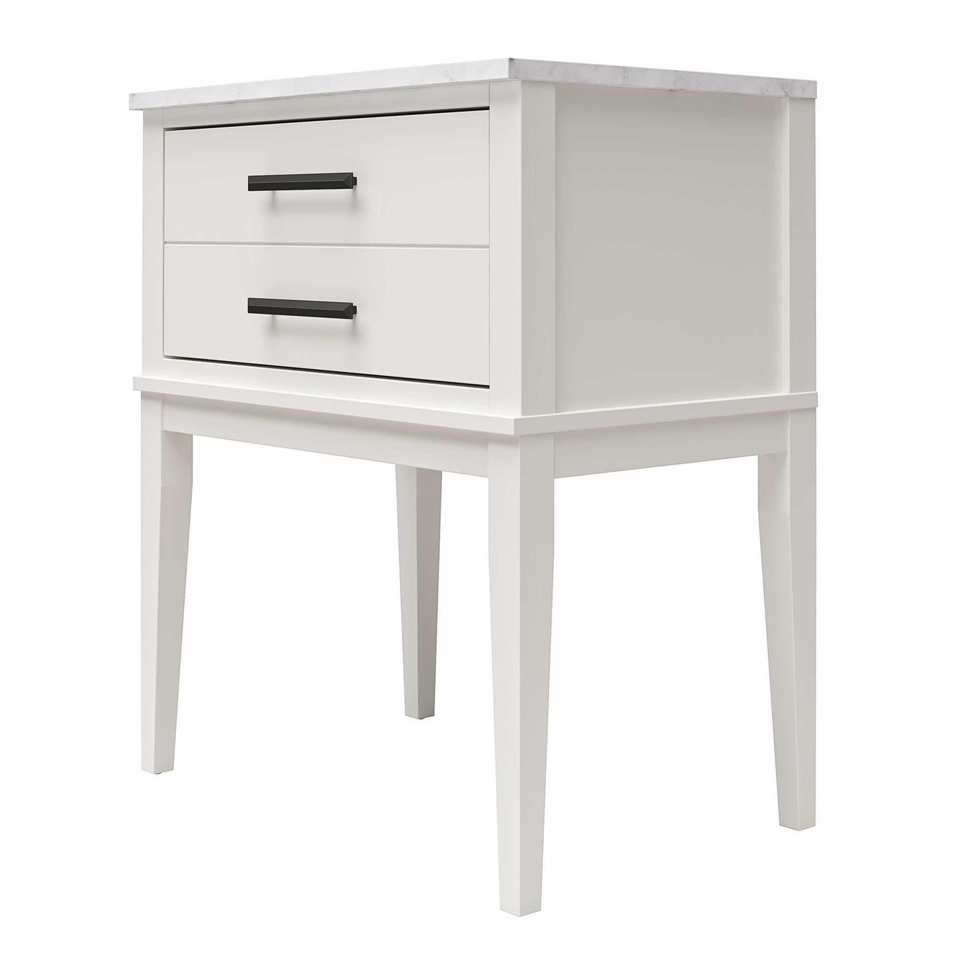Lynnhaven Modern 1 Drawer Nightstand with Tapered Legs & Marble Top - White