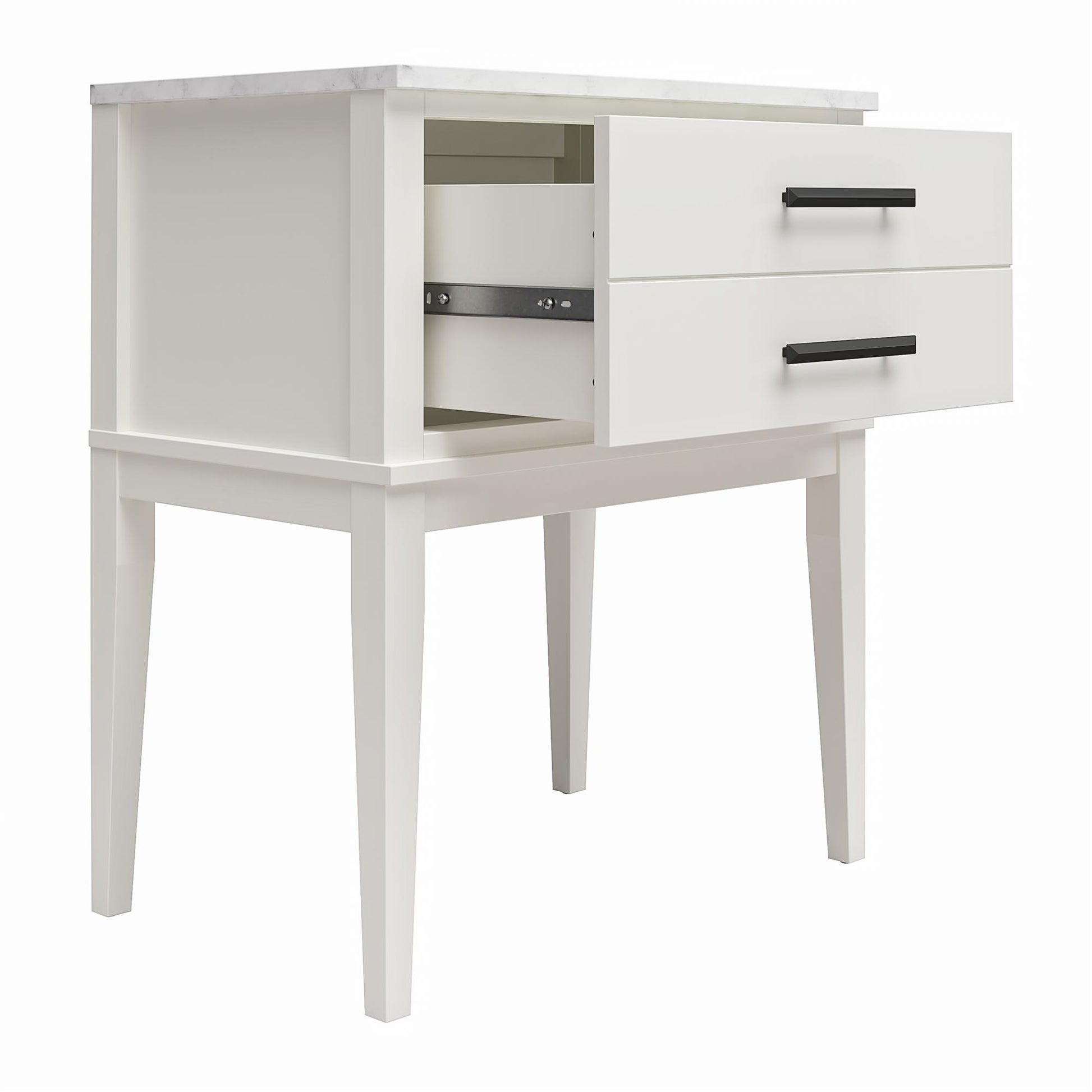 Lynnhaven Modern 1 Drawer Nightstand with Tapered Legs & Marble Top - White
