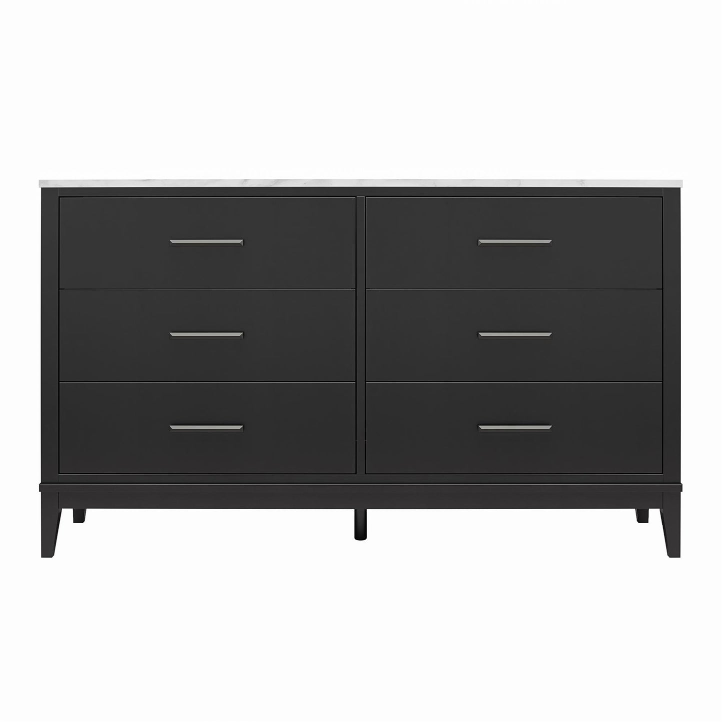 Lynnhaven Modern Wide 6 Drawer Dresser with Tapered Legs & Marble Top - Black