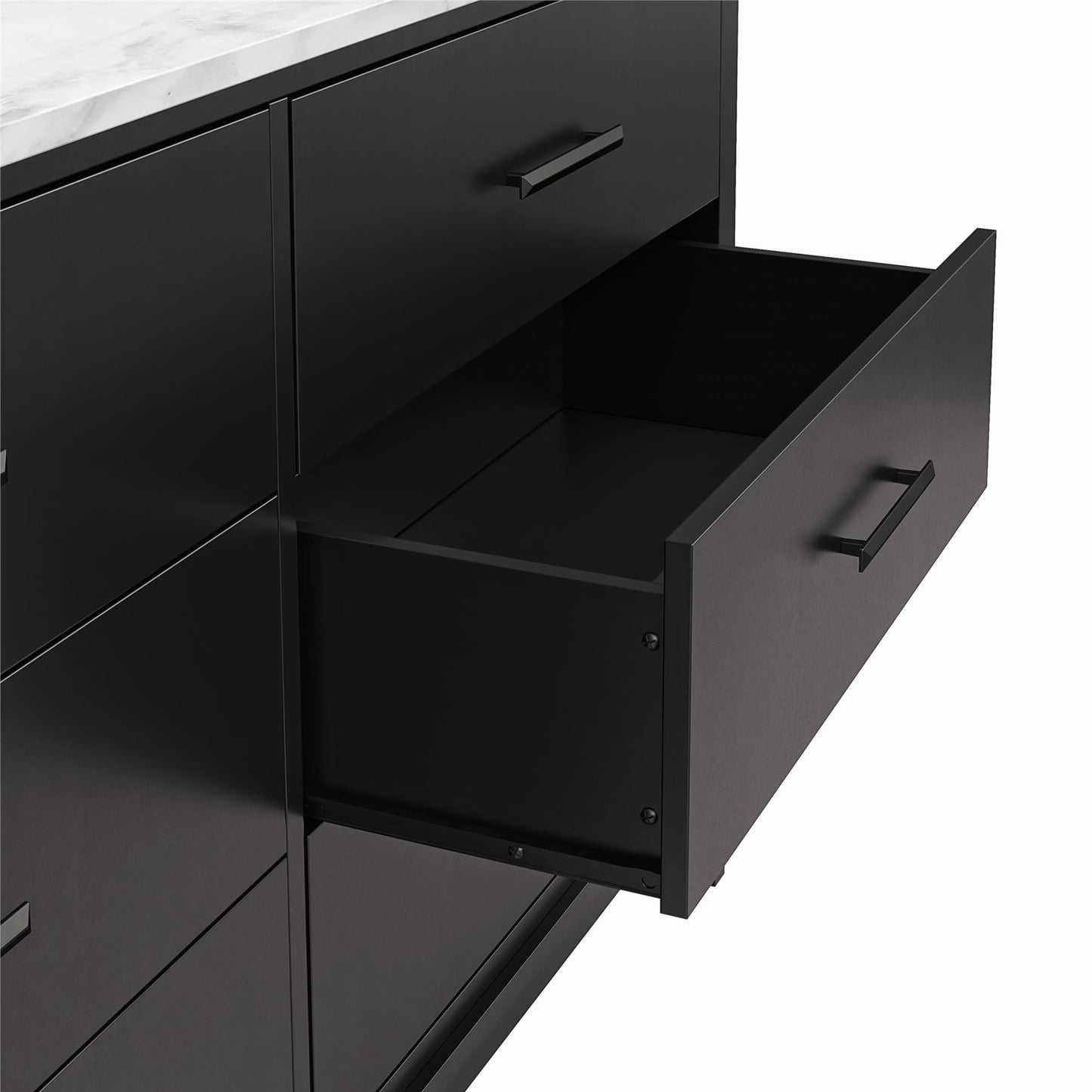 Lynnhaven Modern Wide 6 Drawer Dresser with Tapered Legs & Marble Top - Black