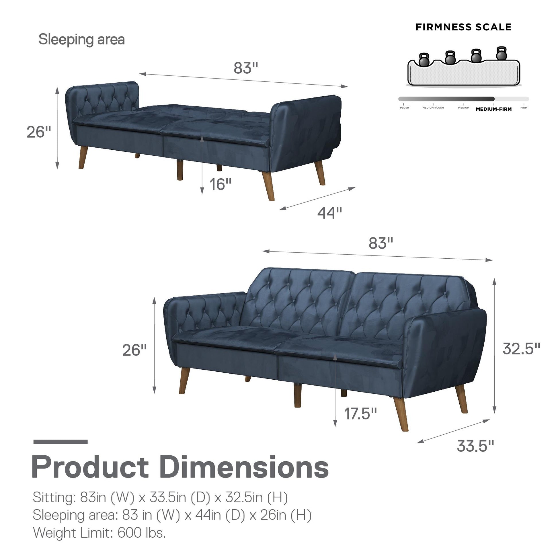 Tallulah Memory Foam Futon - Blue Velvet