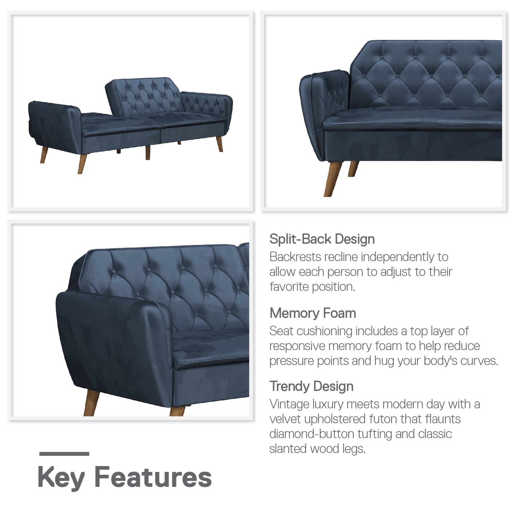 Tallulah Memory Foam Futon - Blue Velvet