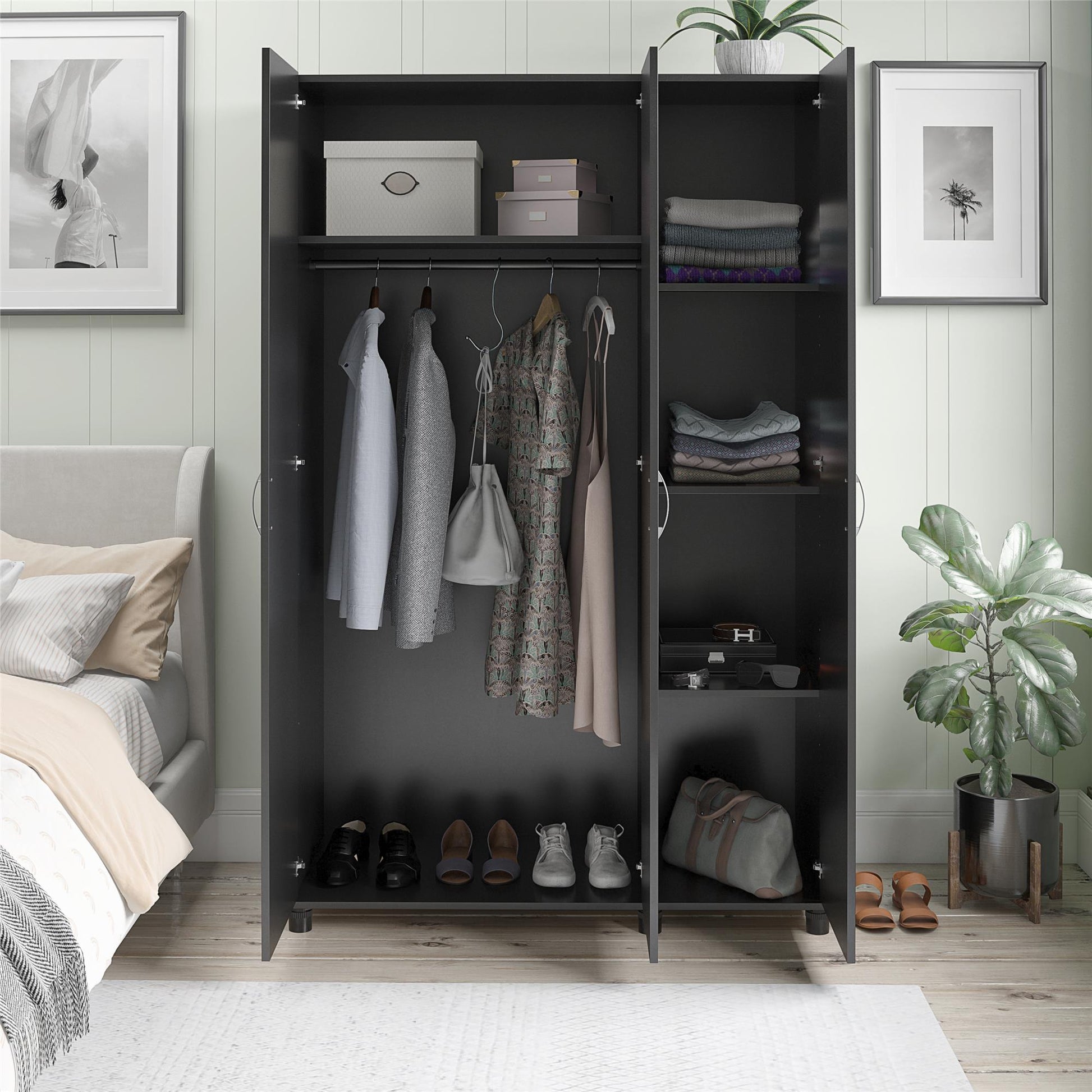 Basin 3  Door Wardrobe with Clothing Rod & Adjustable Shelving - Black