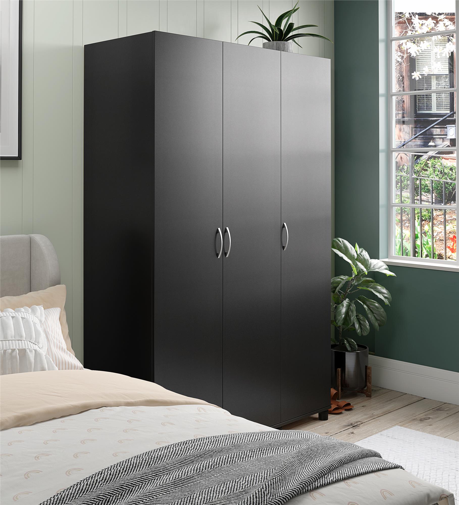 Basin 3  Door Wardrobe with Clothing Rod & Adjustable Shelving - Black