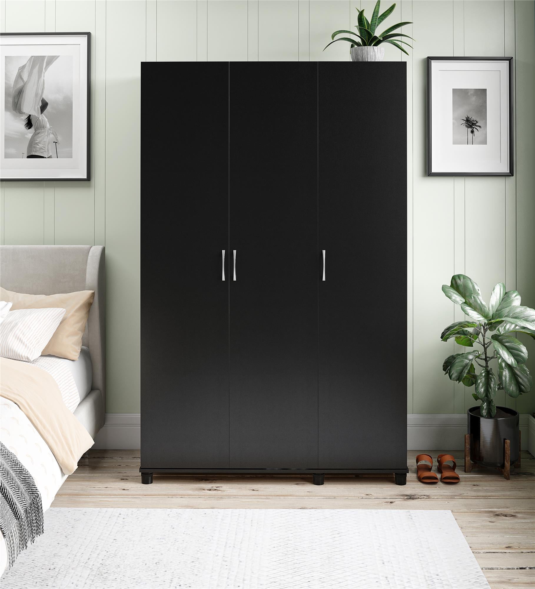 Basin 3  Door Wardrobe with Clothing Rod & Adjustable Shelving - Black