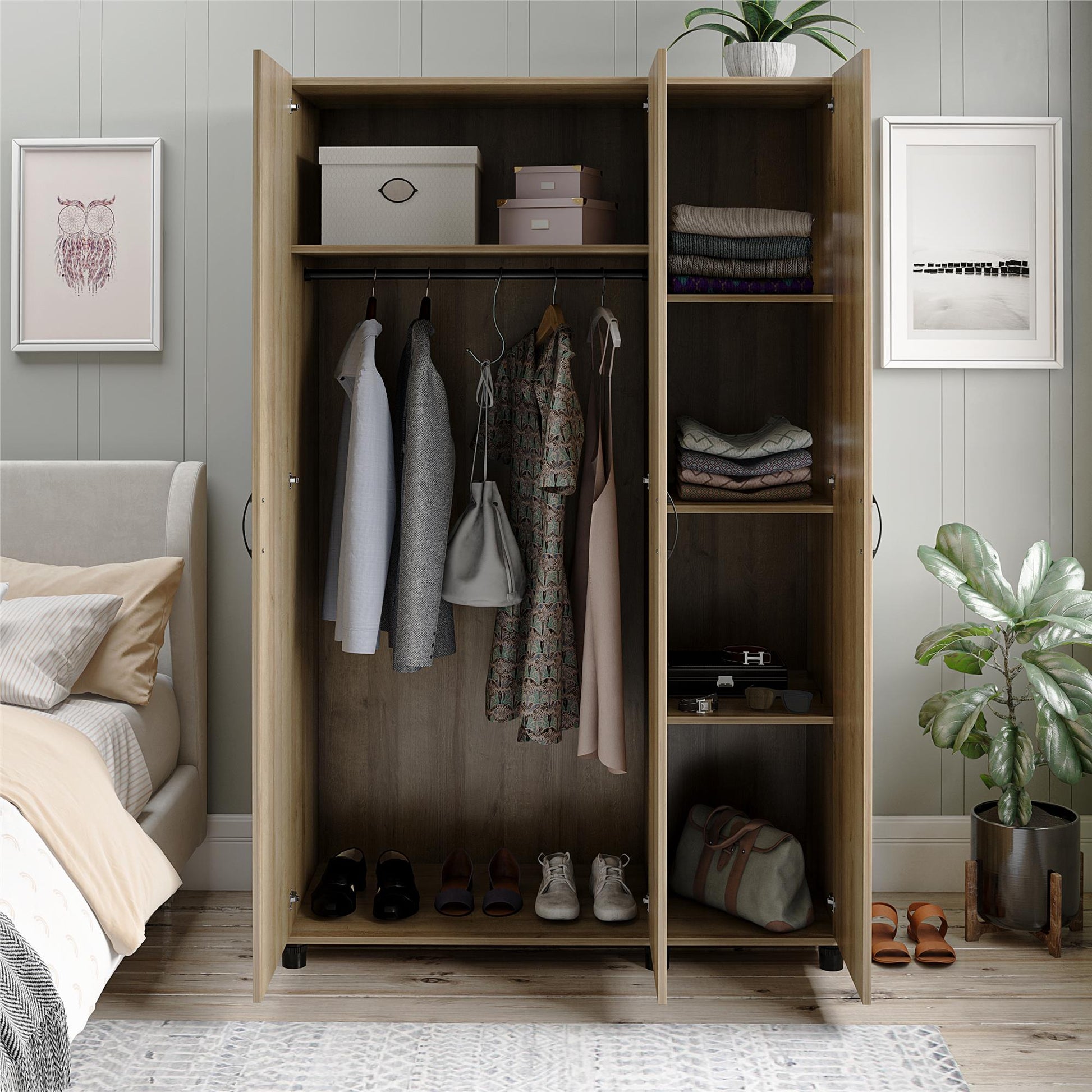 Basin 3 Door Wardrobe with Clothing Rod & Adjustable Shelving - Natural