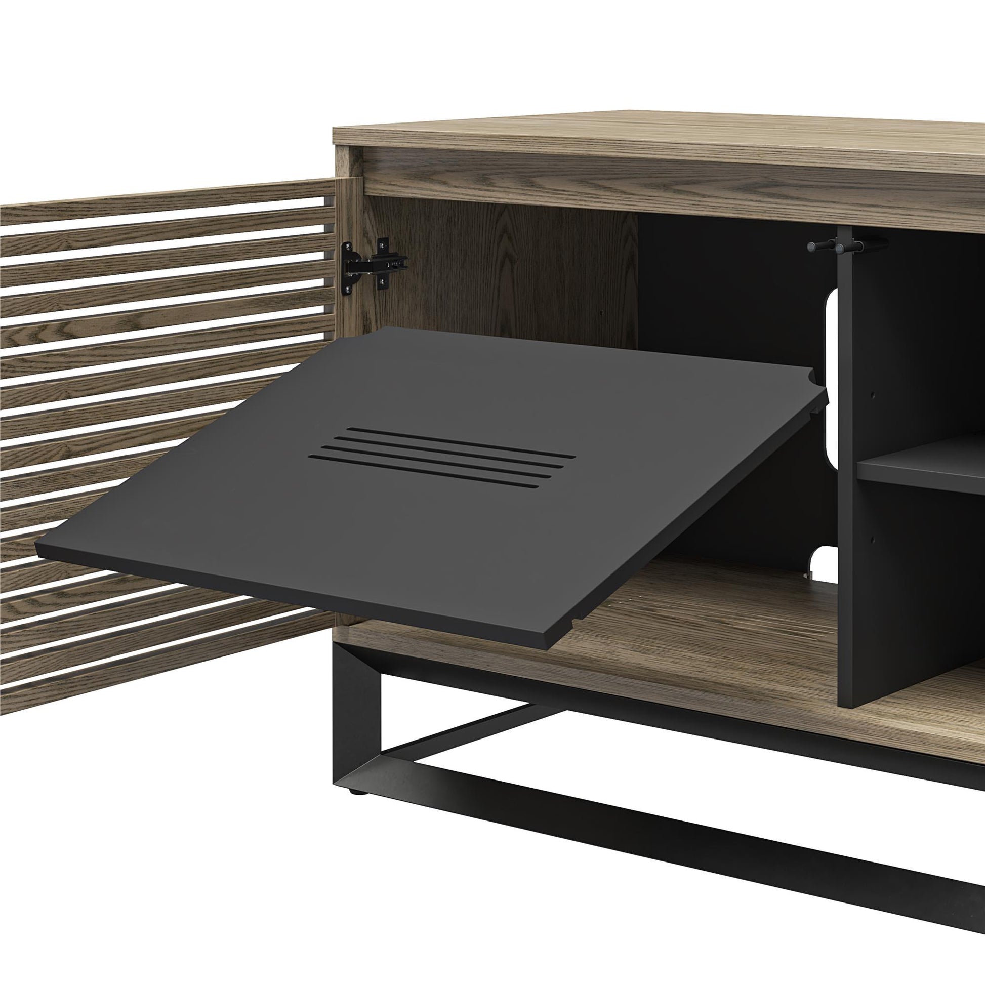 68" Media Console with Beveled Steel Base for TVs up to 77", Sterling Oak Wood Veneer - Sterling Oak Veneer