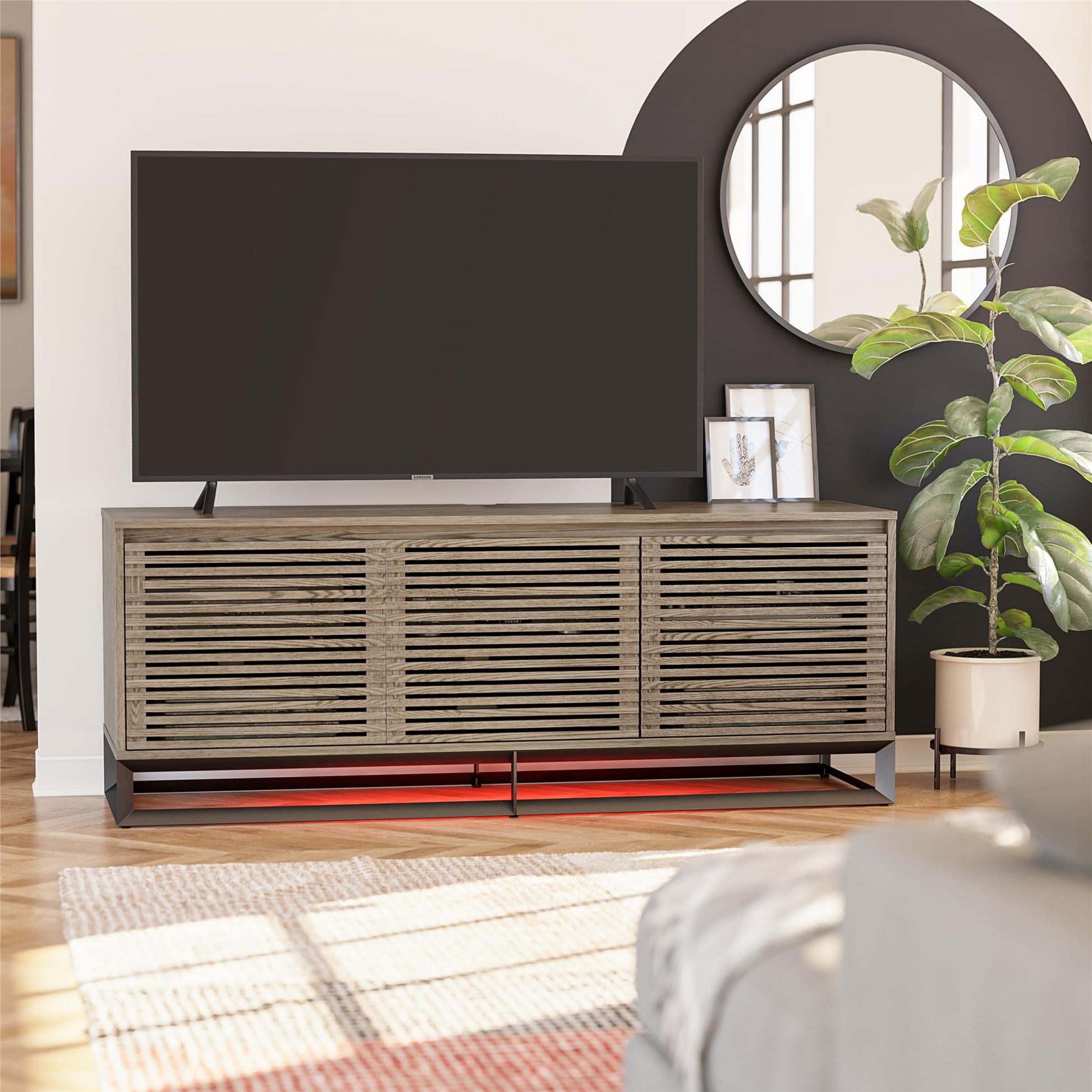 68" Media Console with Beveled Steel Base for TVs up to 77", Sterling Oak Wood Veneer - Sterling Oak Veneer