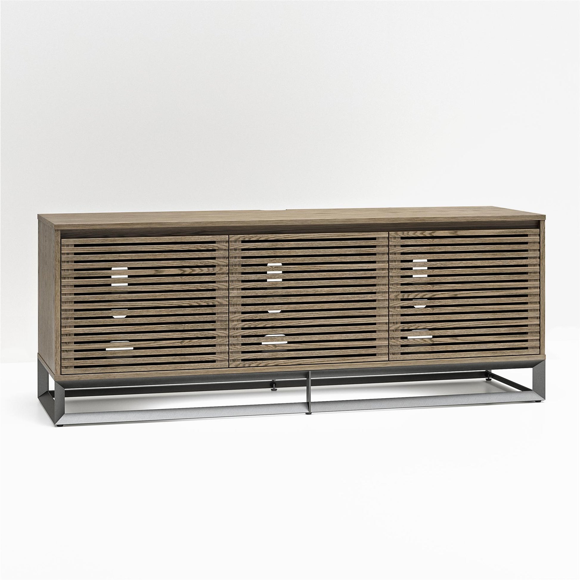 68" Media Console with Beveled Steel Base for TVs up to 77", Sterling Oak Wood Veneer - Sterling Oak Veneer