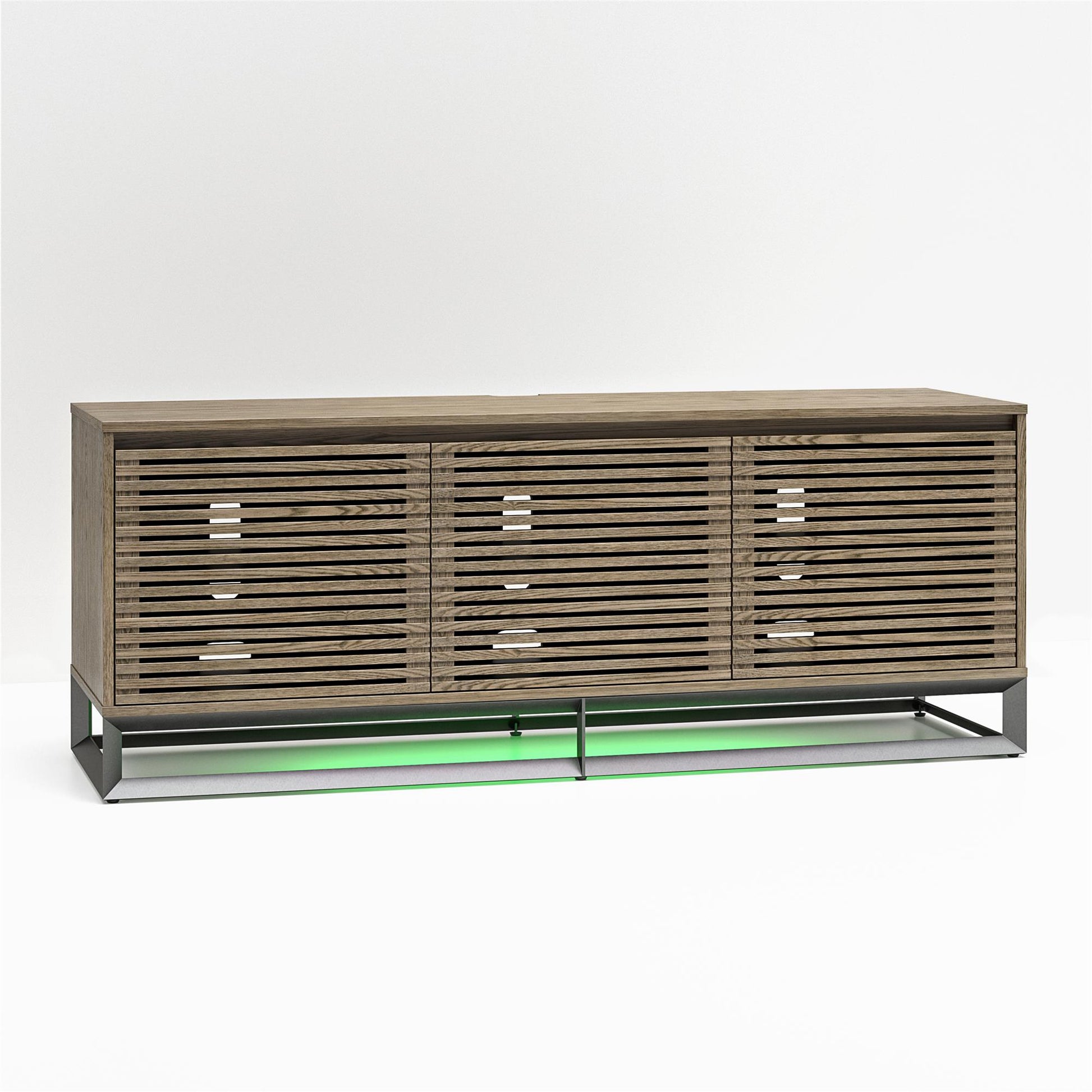 68" Media Console with Beveled Steel Base for TVs up to 77", Sterling Oak Wood Veneer - Sterling Oak Veneer