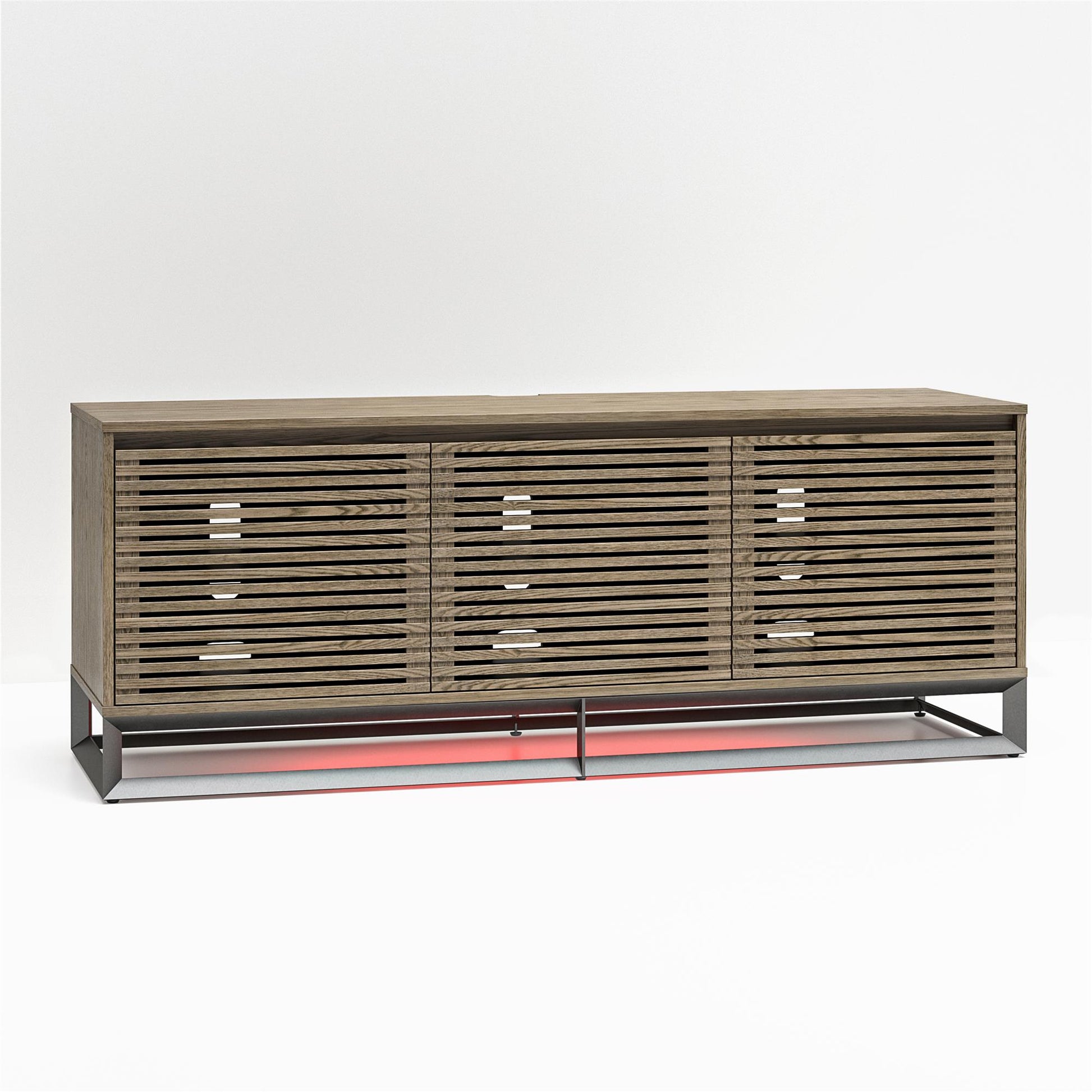 68" Media Console with Beveled Steel Base for TVs up to 77", Sterling Oak Wood Veneer - Sterling Oak Veneer