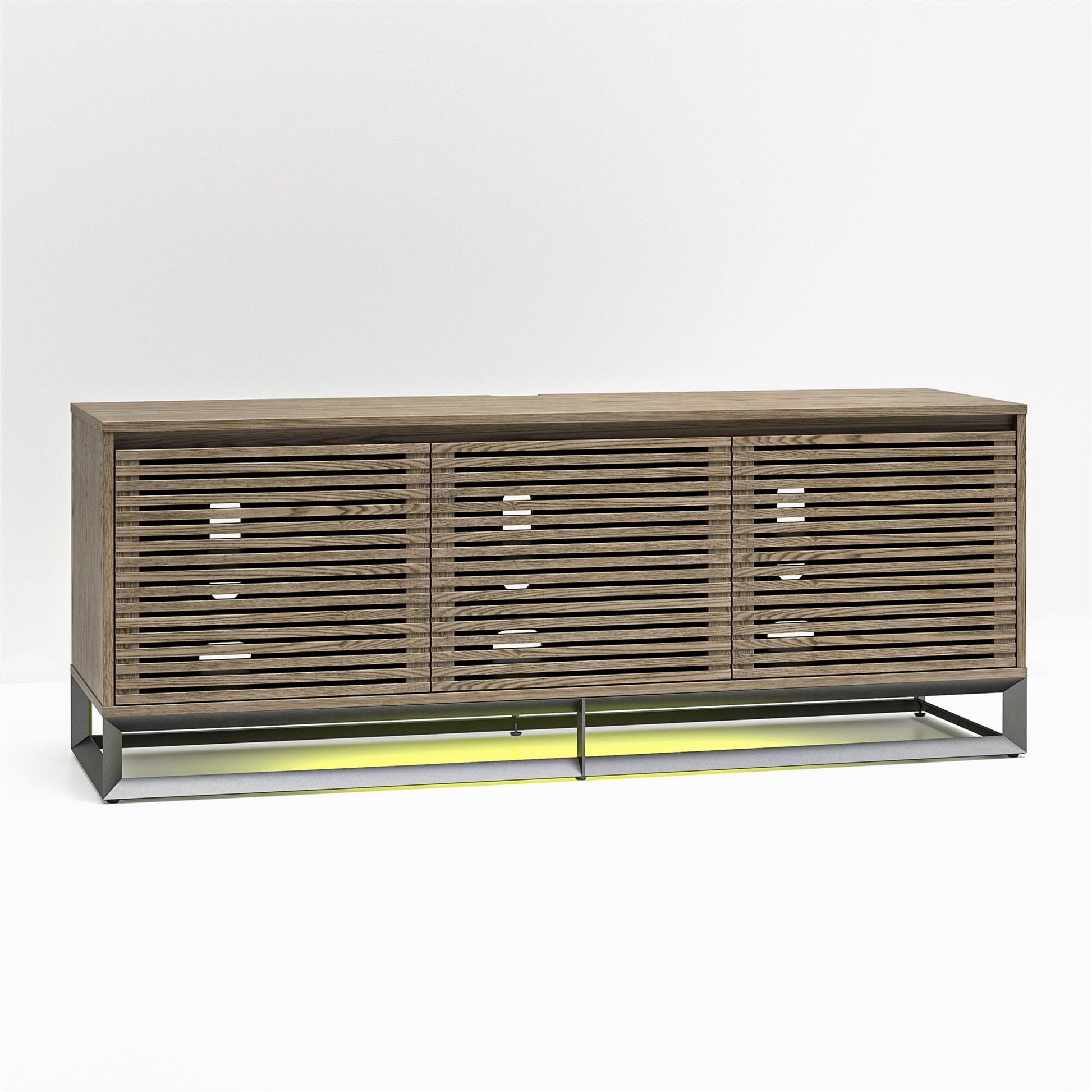 68" Media Console with Beveled Steel Base for TVs up to 77", Sterling Oak Wood Veneer - Sterling Oak Veneer