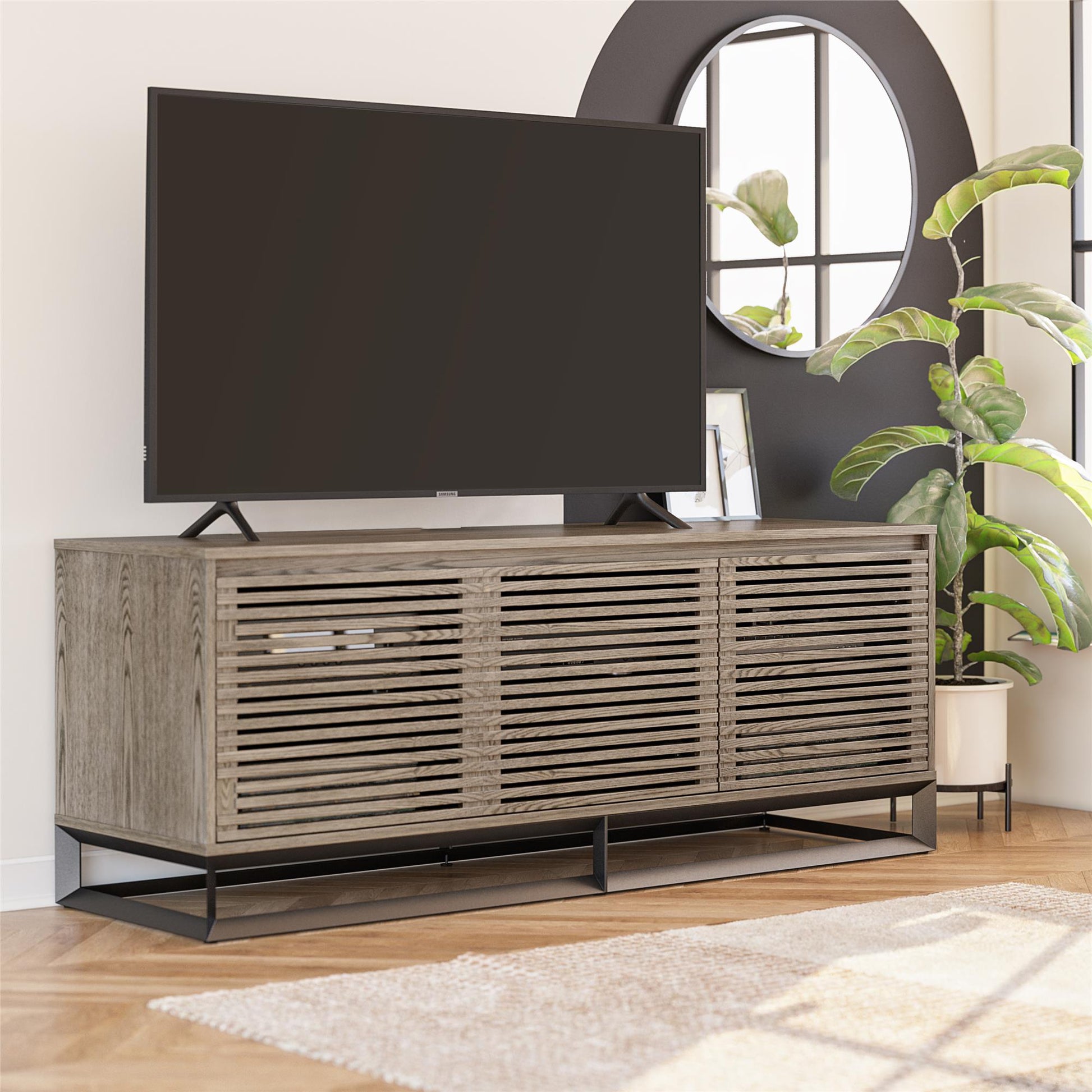 68" Media Console with Beveled Steel Base for TVs up to 77", Sterling Oak Wood Veneer - Sterling Oak Veneer