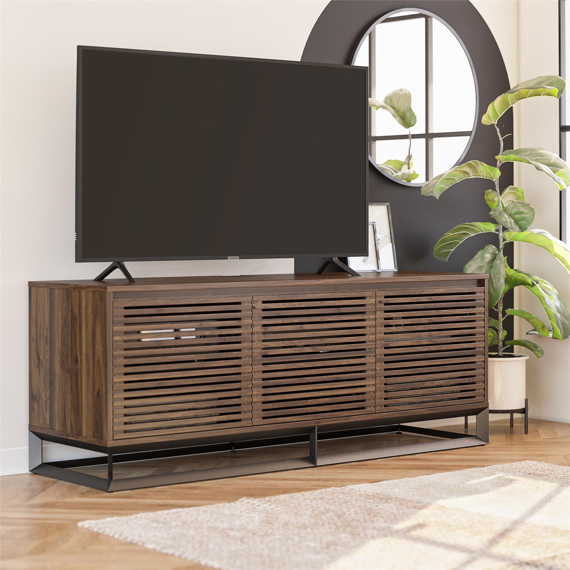 68" Media Console with Beveled Steel Base for TVs up to 77", Columbia Walnut Wood Veneer - Columbia Walnut Veneer
