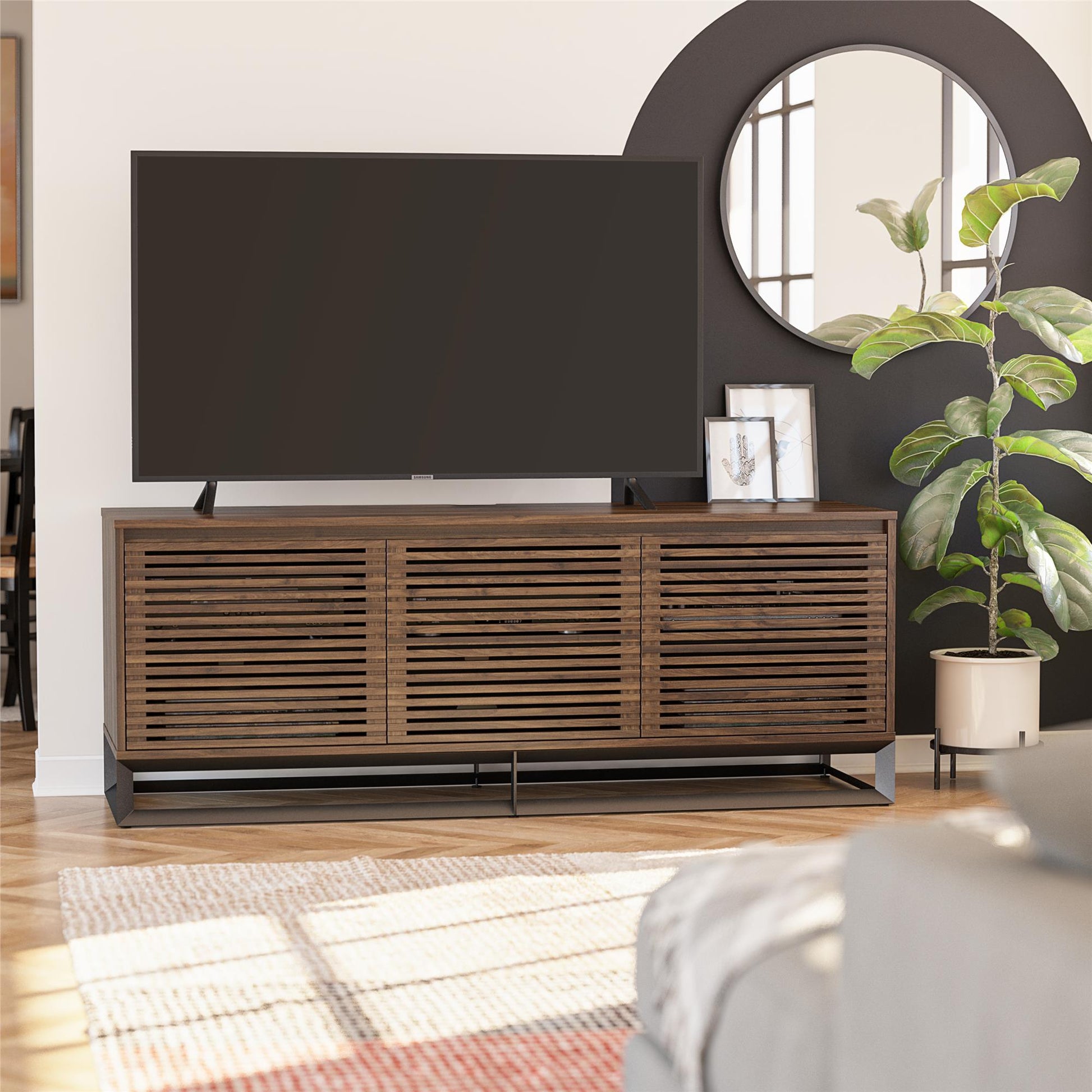 68" Media Console with Beveled Steel Base for TVs up to 77", Columbia Walnut Wood Veneer - Columbia Walnut Veneer