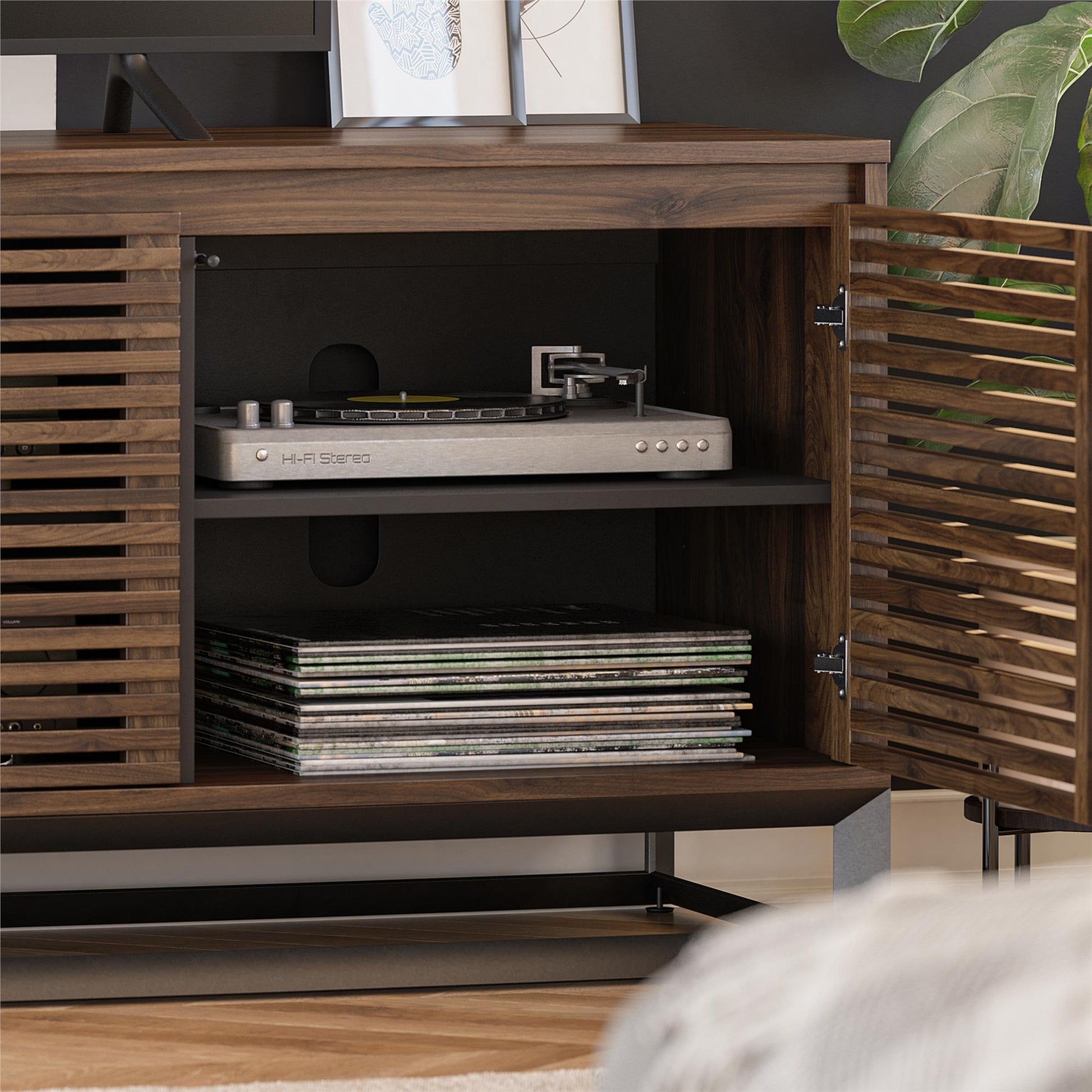 68" Media Console with Beveled Steel Base for TVs up to 77", Columbia Walnut Wood Veneer - Columbia Walnut Veneer