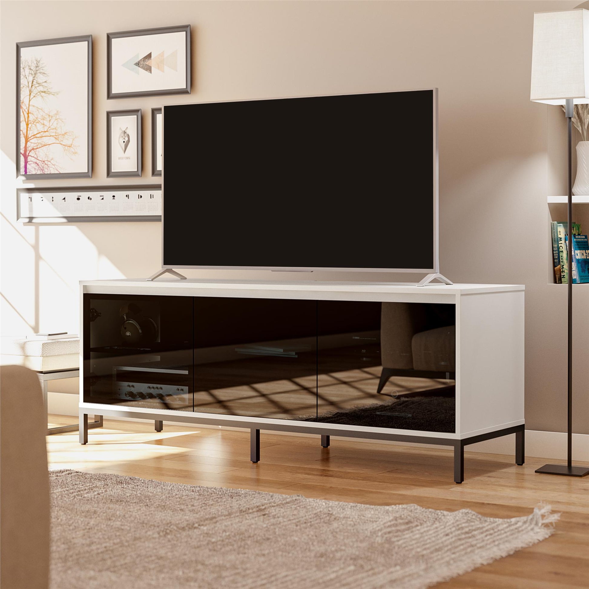 68" Media Console with Steel Post Base for TVs up to 77", White - White