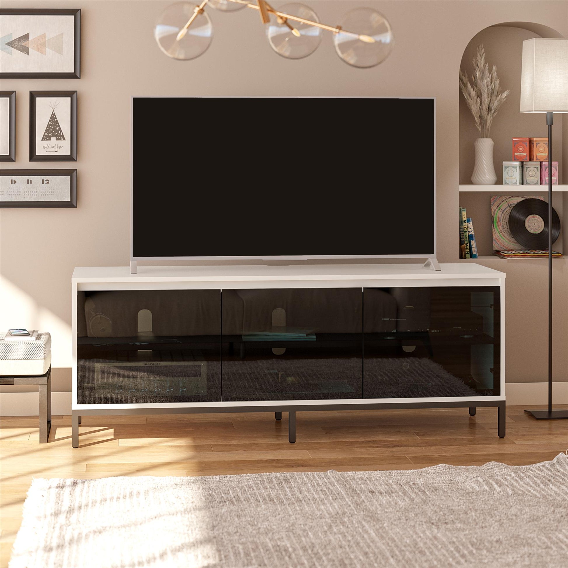 68" Media Console with Steel Post Base for TVs up to 77", White - White
