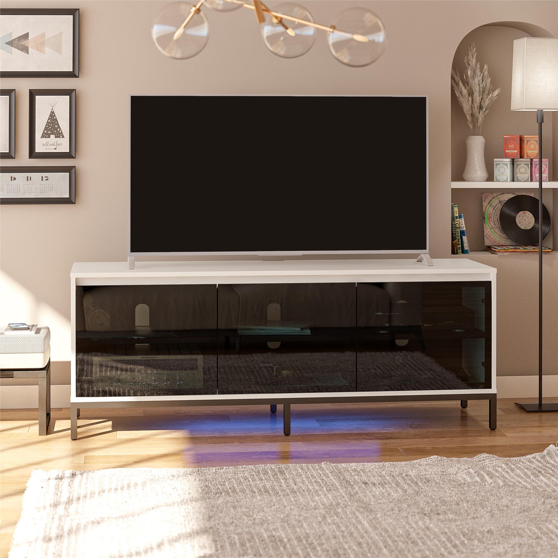 68" Media Console with Steel Post Base for TVs up to 77", White - White