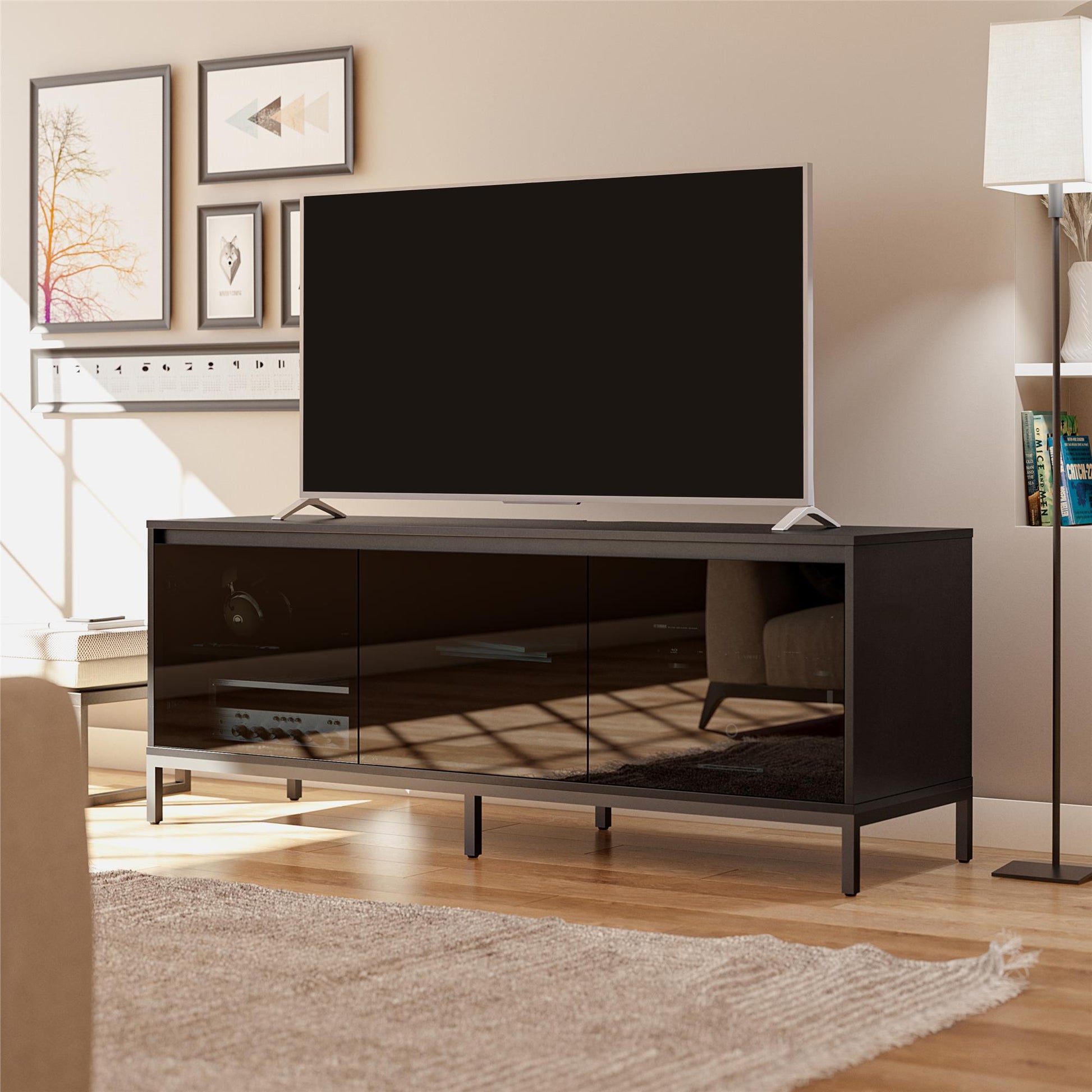 68" Media Console with Steel Post Base for TVs up to 77', Black - Black