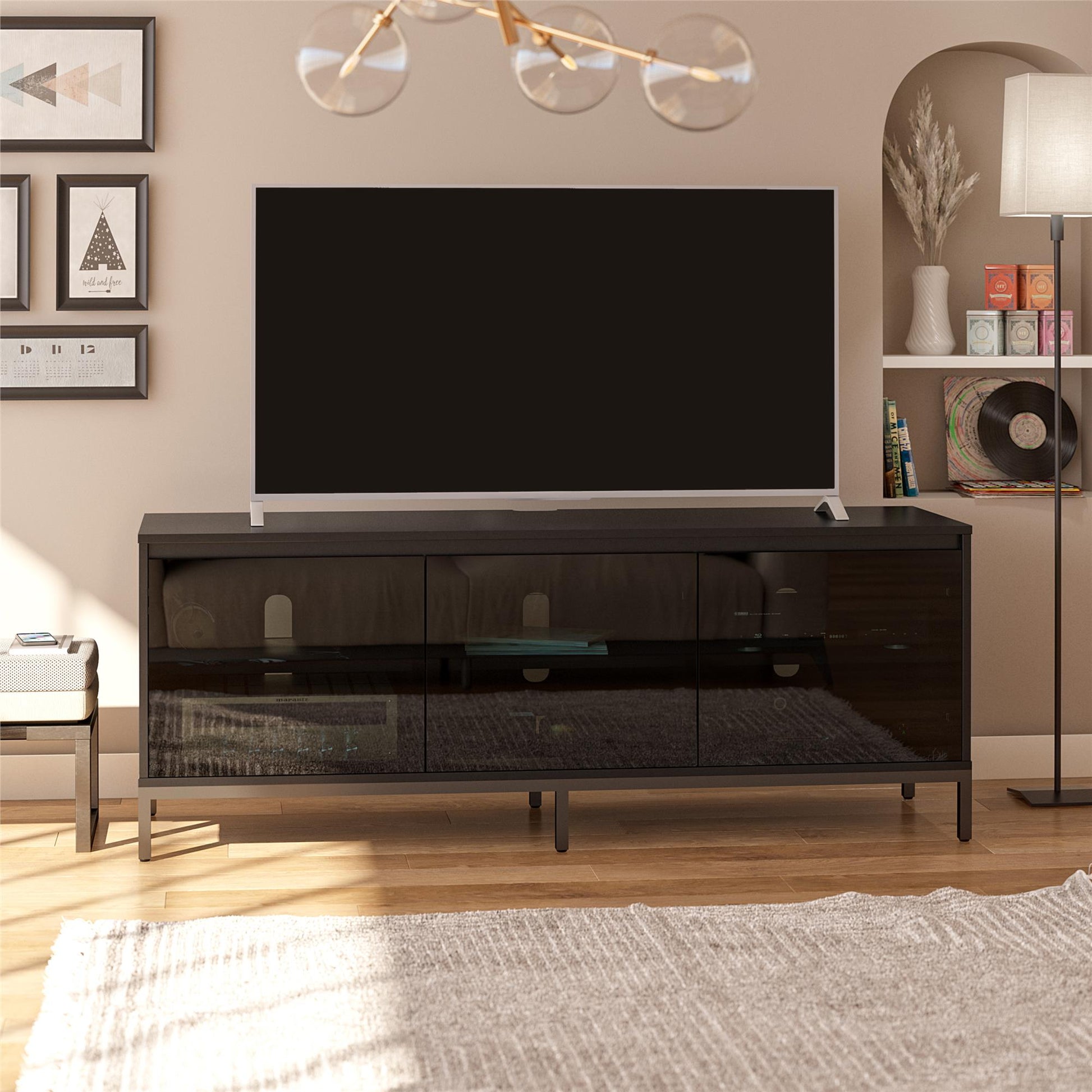 68" Media Console with Steel Post Base for TVs up to 77', Black - Black