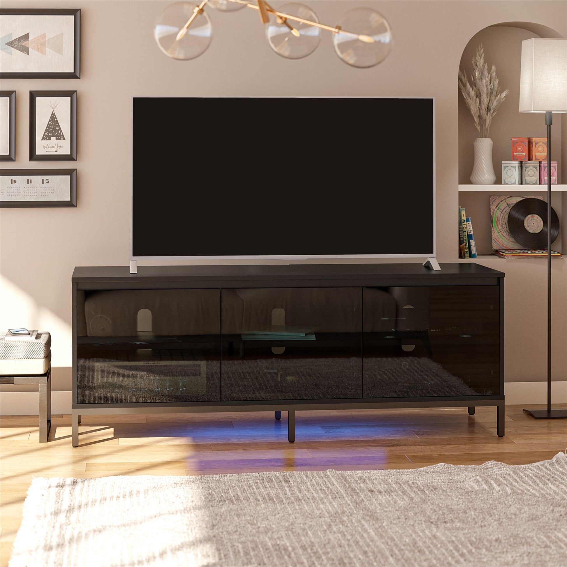 68" Media Console with Steel Post Base for TVs up to 77', Black - Black