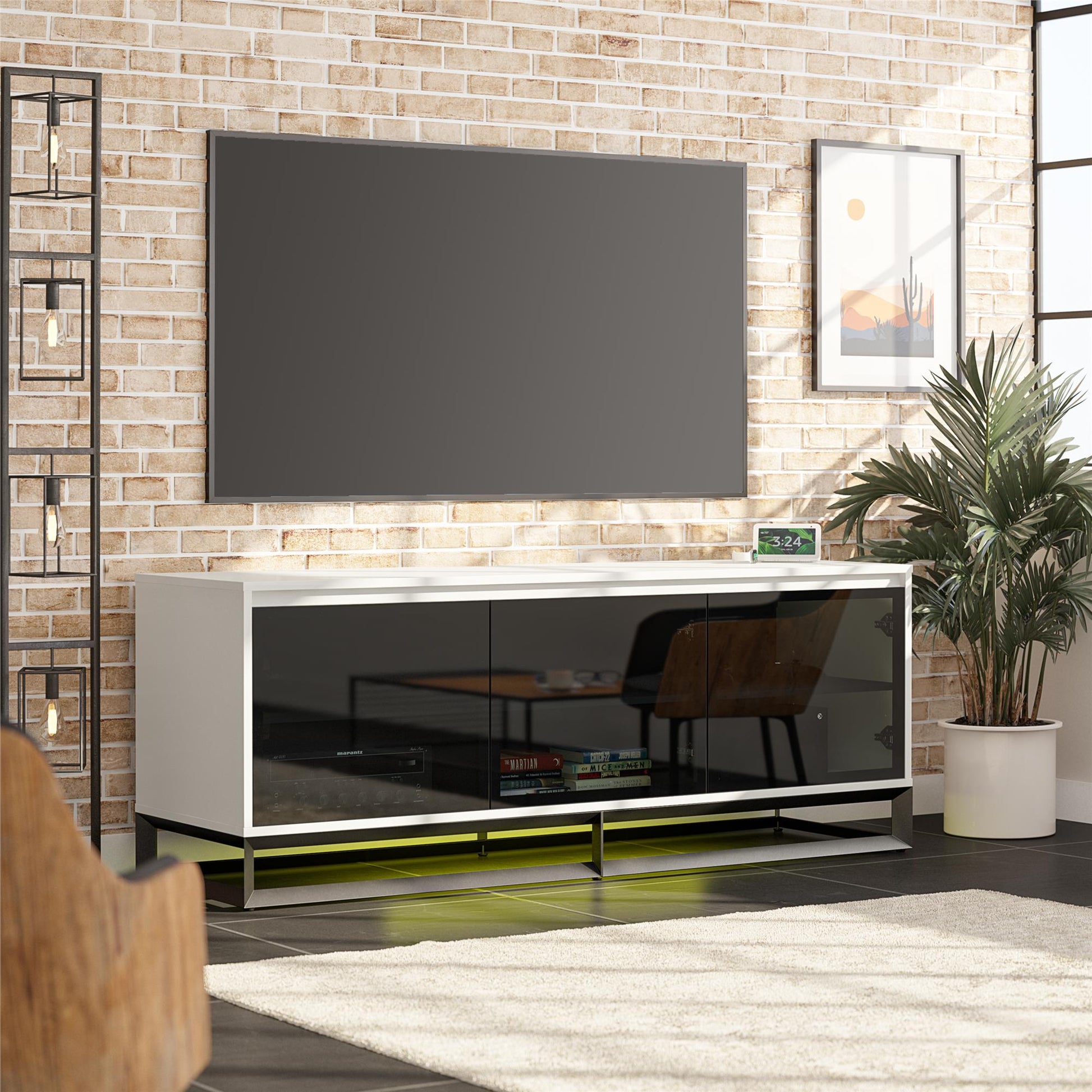 68" Media Console with Beveled Steel Base for TVs up to 77", White - White
