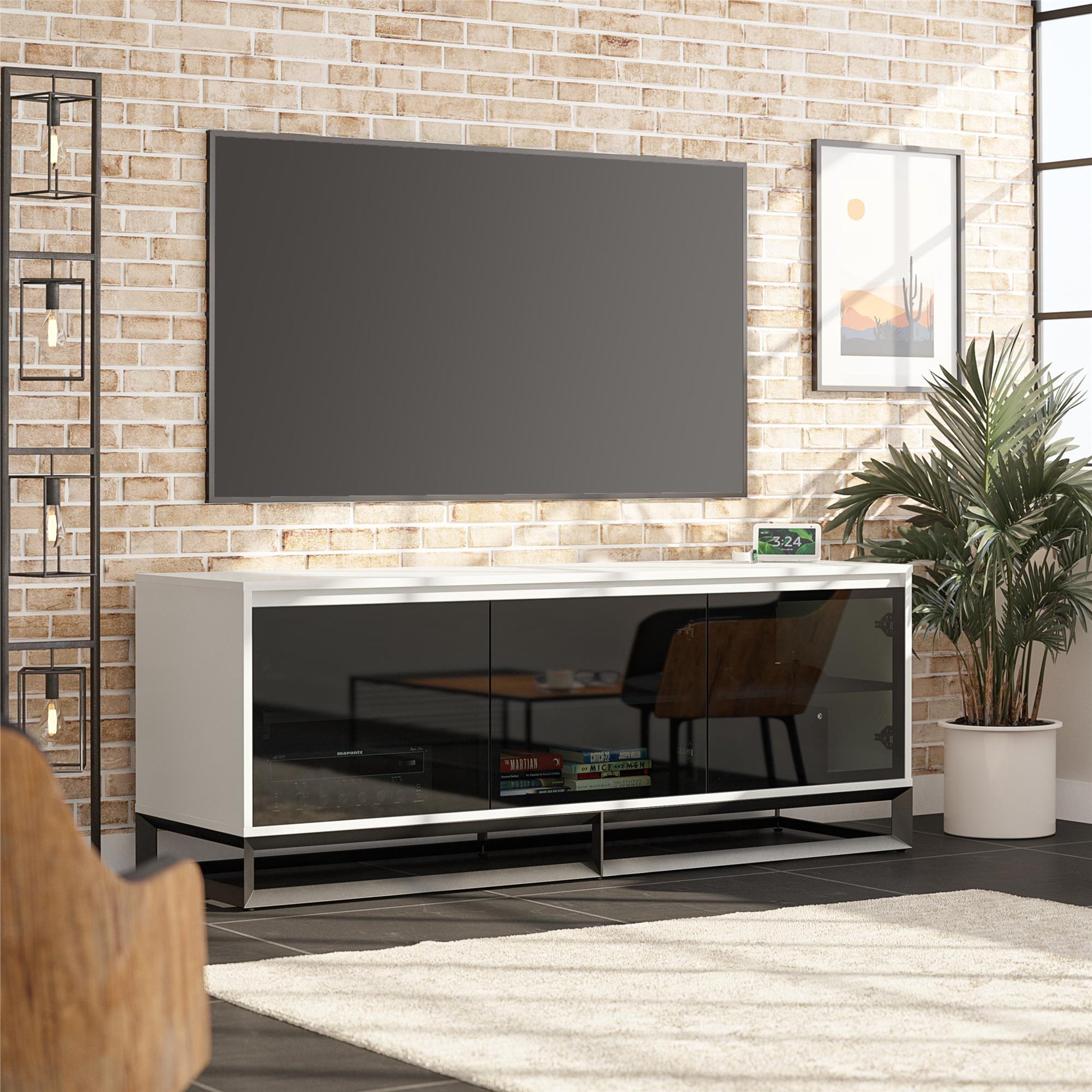 68" Media Console with Beveled Steel Base for TVs up to 77", White - White