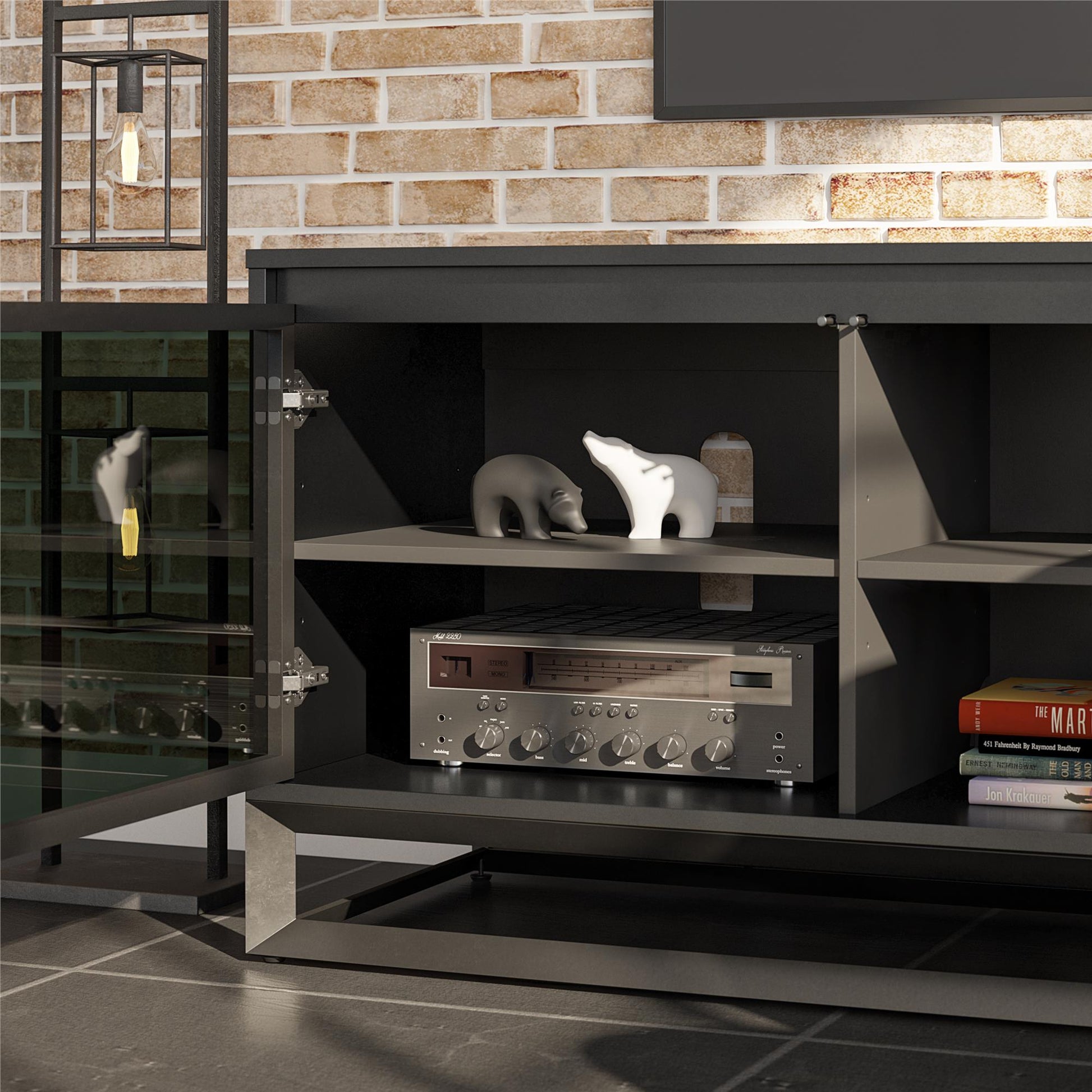 68" Media Console with Beveled Steel Base for TVs up to 77", Black - Black