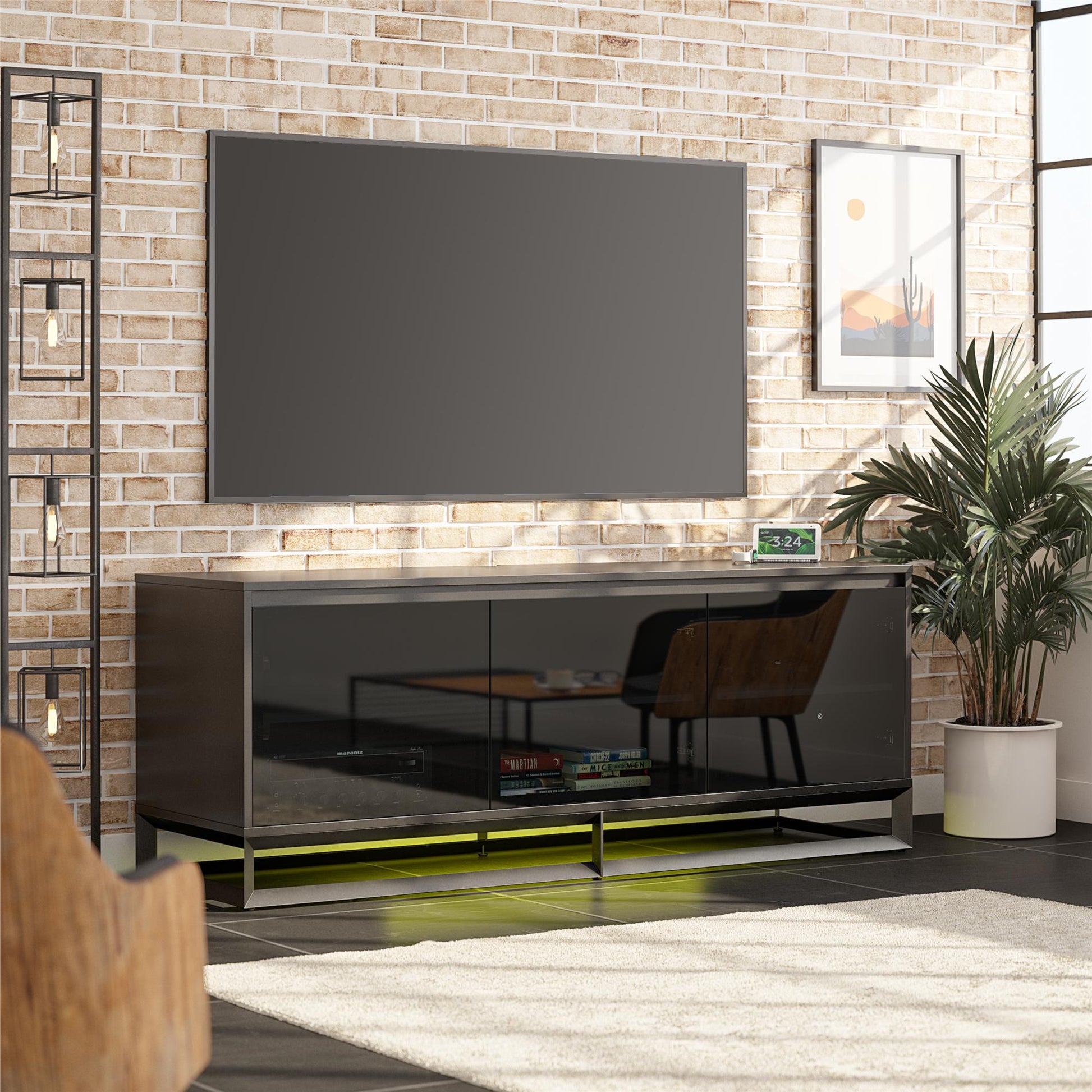 68" Media Console with Beveled Steel Base for TVs up to 77", Black - Black