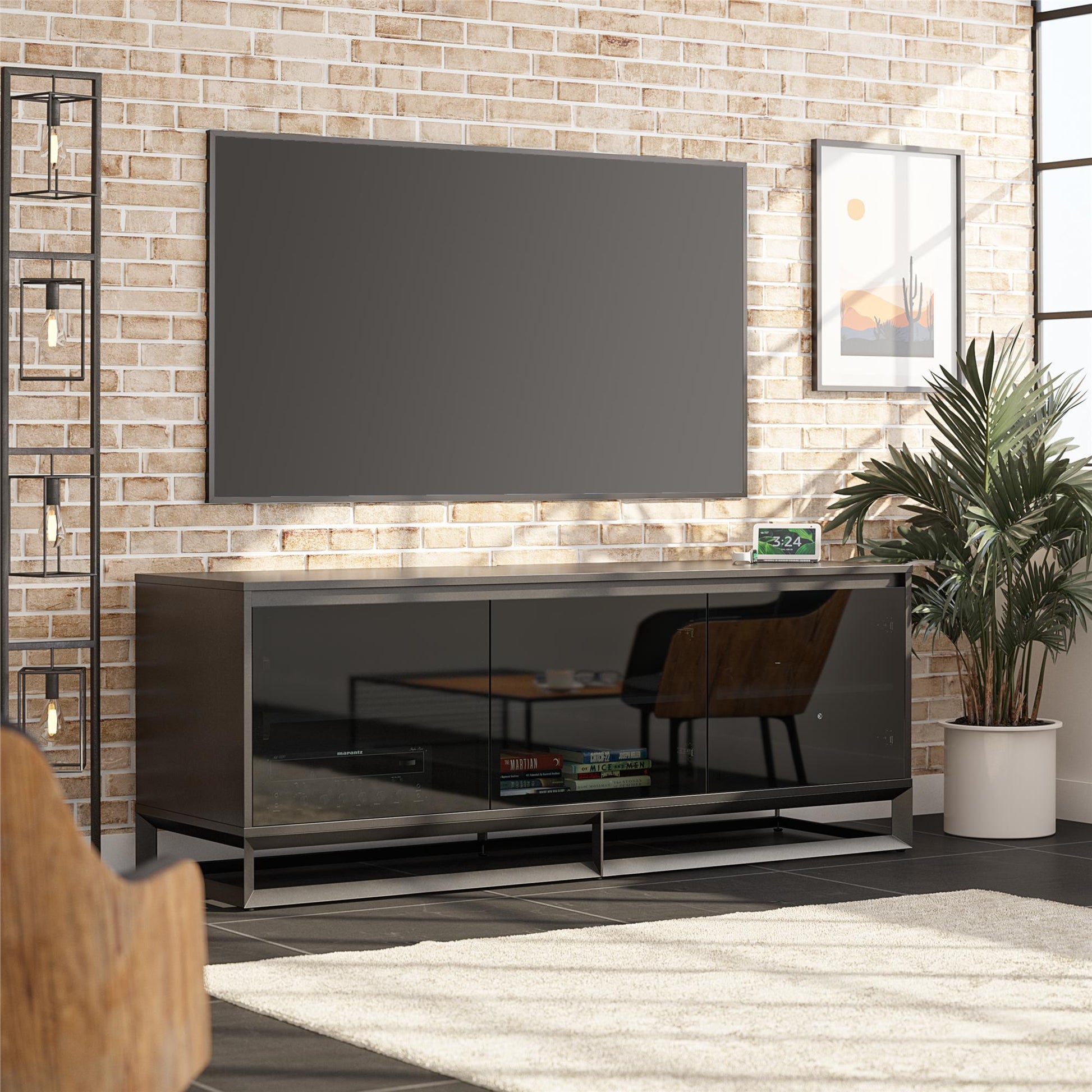 68" Media Console with Beveled Steel Base for TVs up to 77", Black - Black