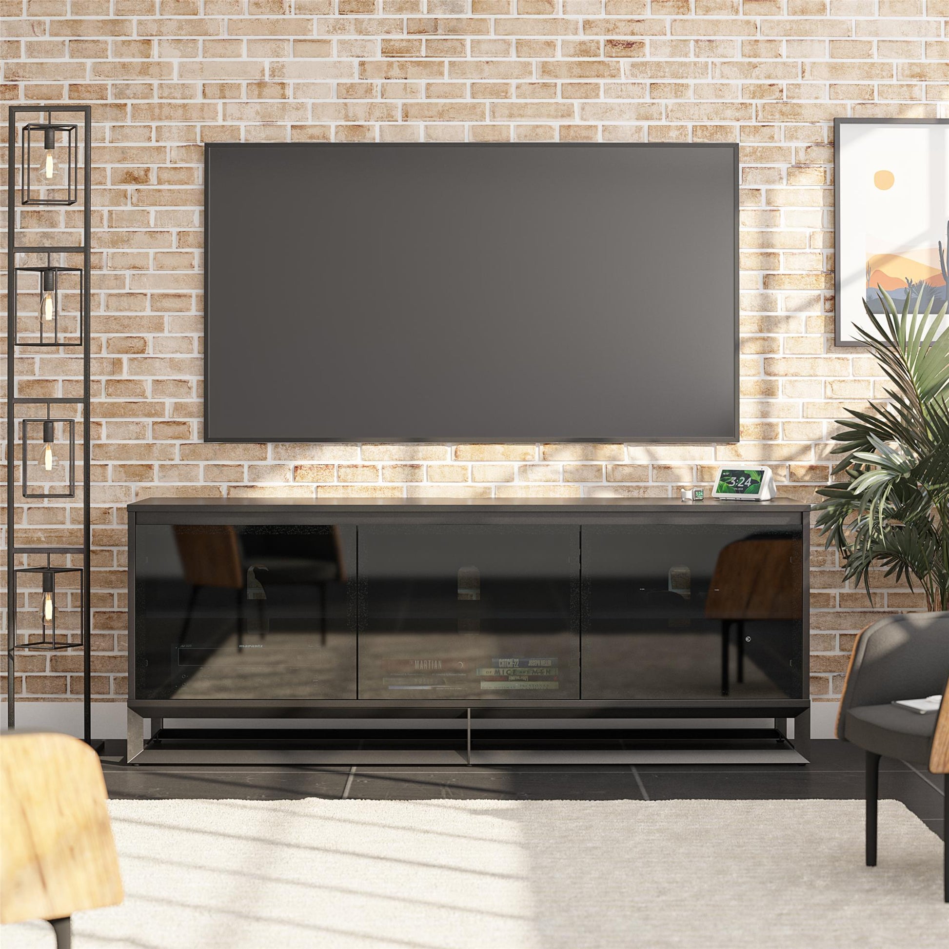 68" Media Console with Beveled Steel Base for TVs up to 77", Black - Black