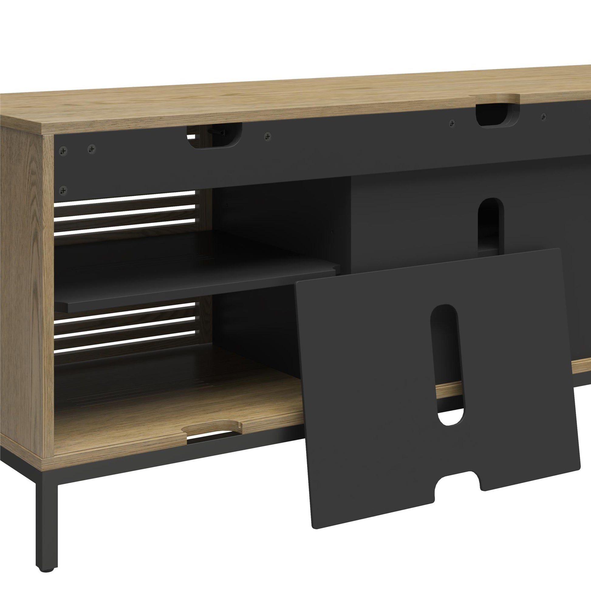 68" Media Console with Steel Post Base for TVs up to 77", Sterling Oak Wood Veneer - Sterling Oak Veneer