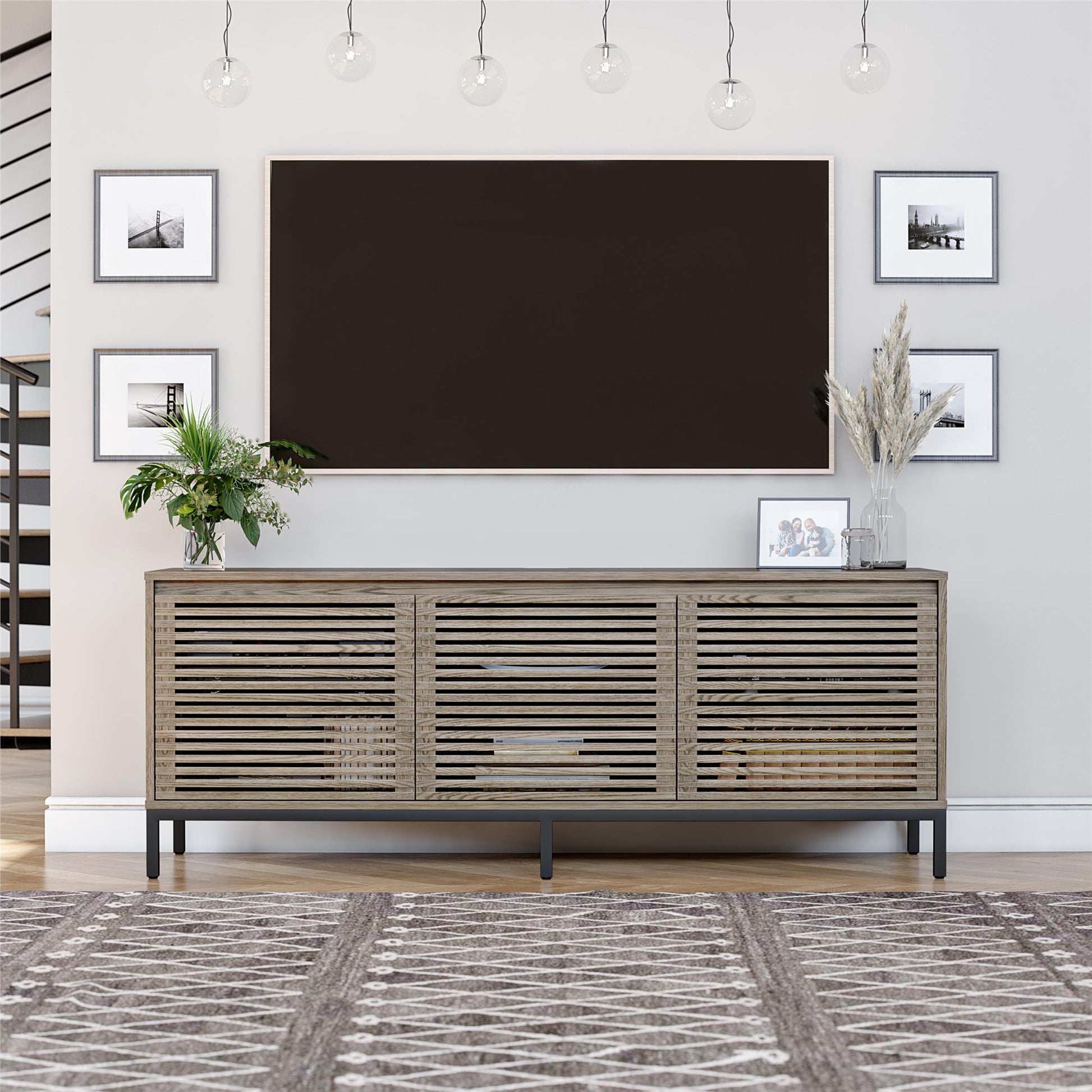 68" Media Console with Steel Post Base for TVs up to 77", Sterling Oak Wood Veneer - Sterling Oak Veneer