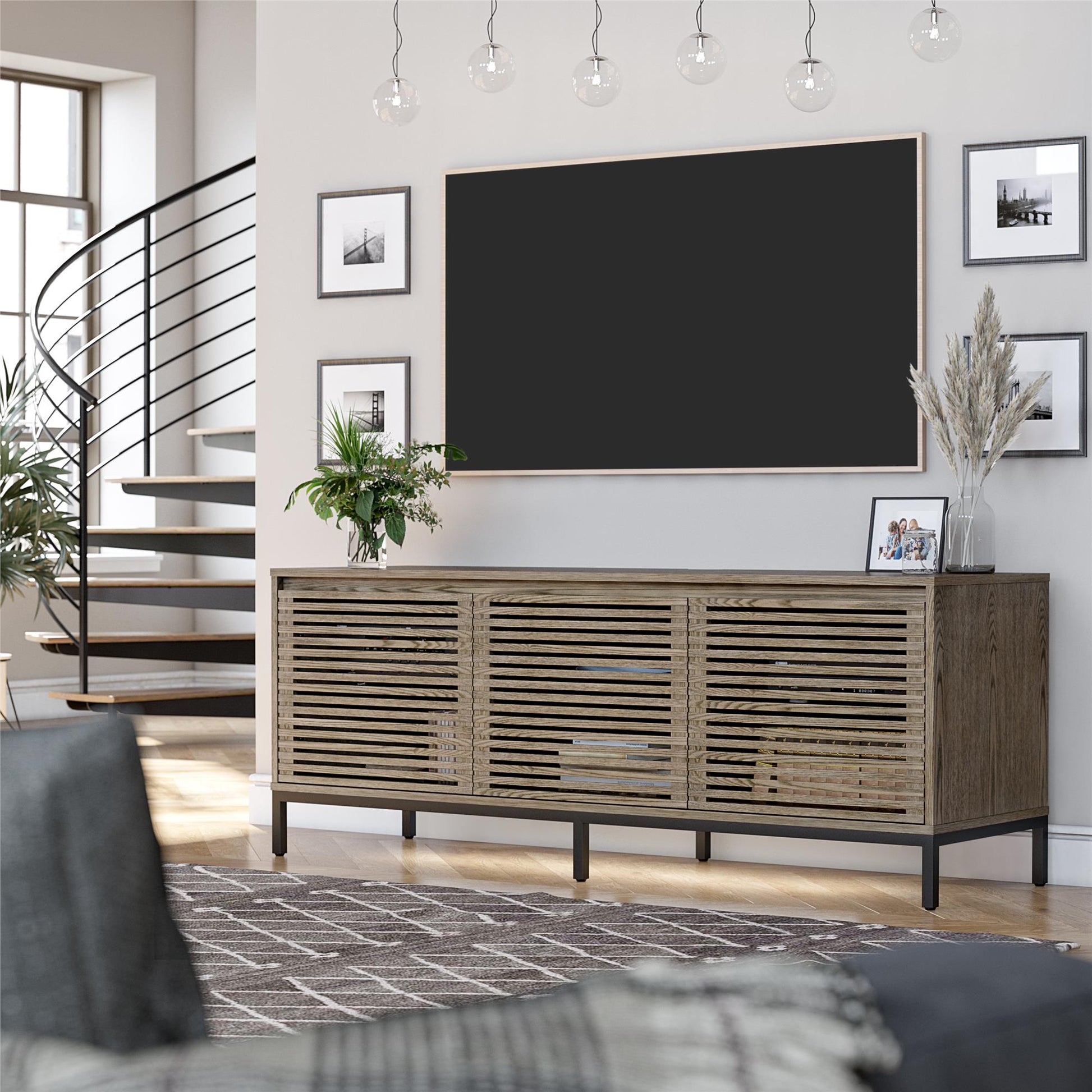 68" Media Console with Steel Post Base for TVs up to 77", Sterling Oak Wood Veneer - Sterling Oak Veneer