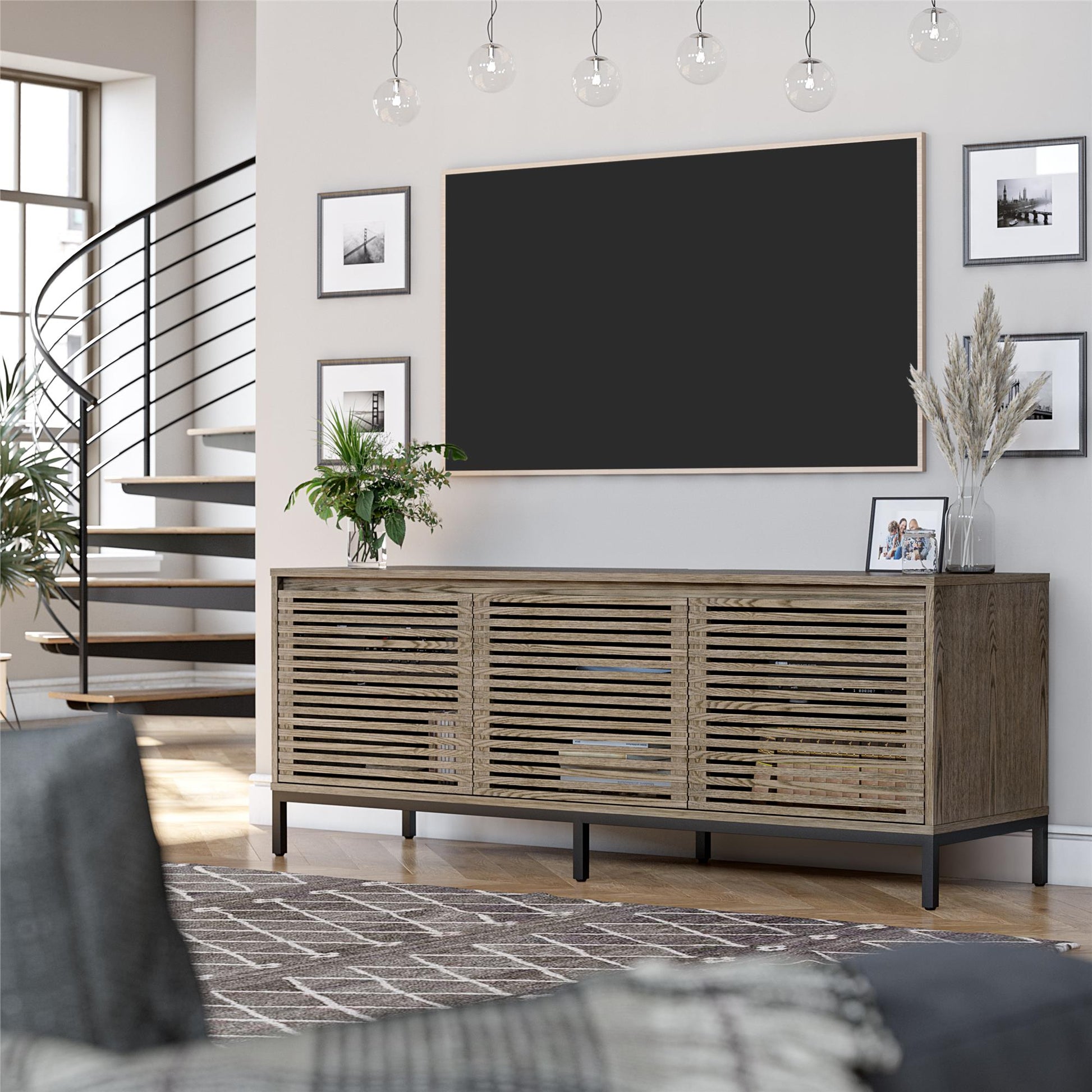 68" Media Console with Steel Post Base for TVs up to 77", Sterling Oak Wood Veneer - Sterling Oak Veneer