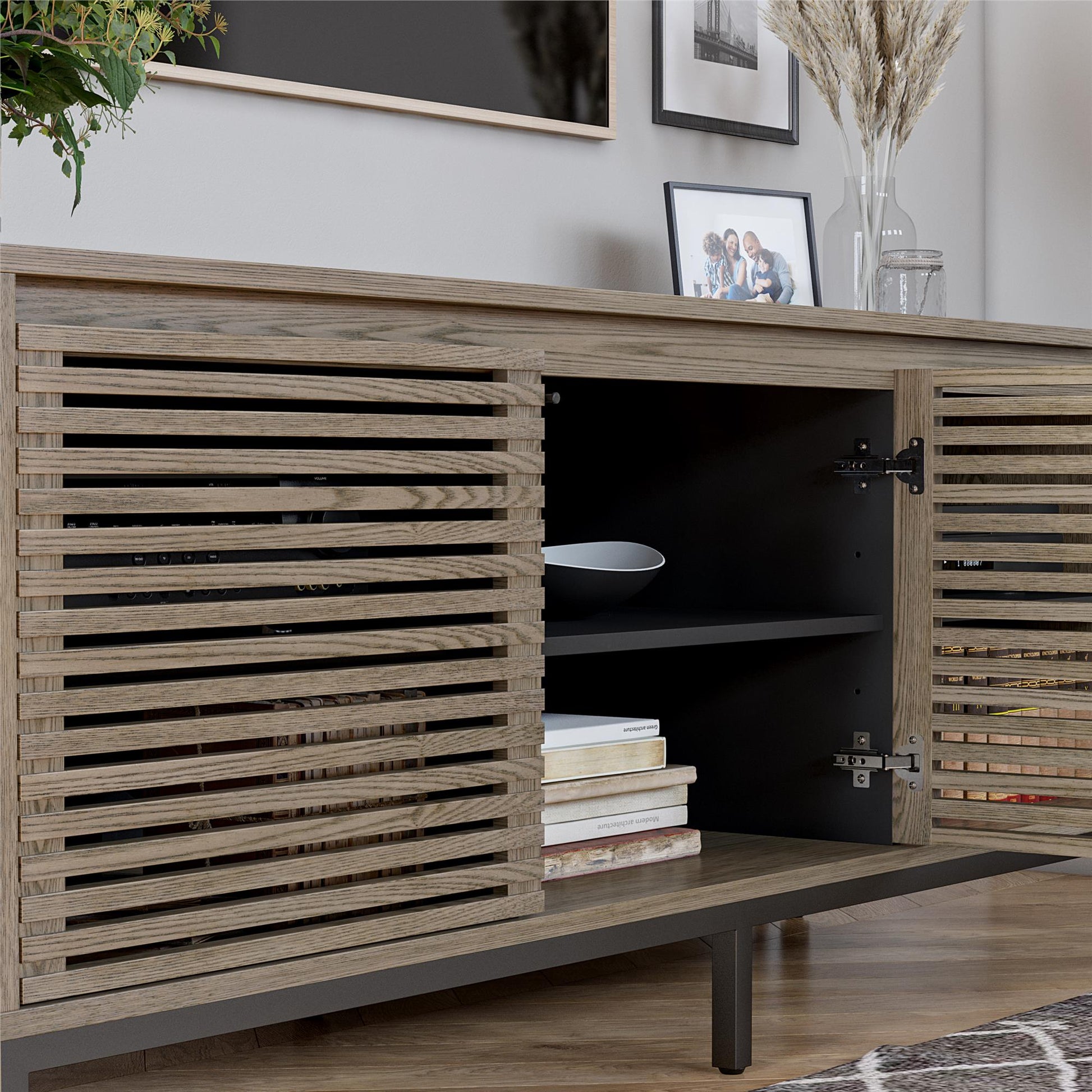 68" Media Console with Steel Post Base for TVs up to 77", Sterling Oak Wood Veneer - Sterling Oak Veneer