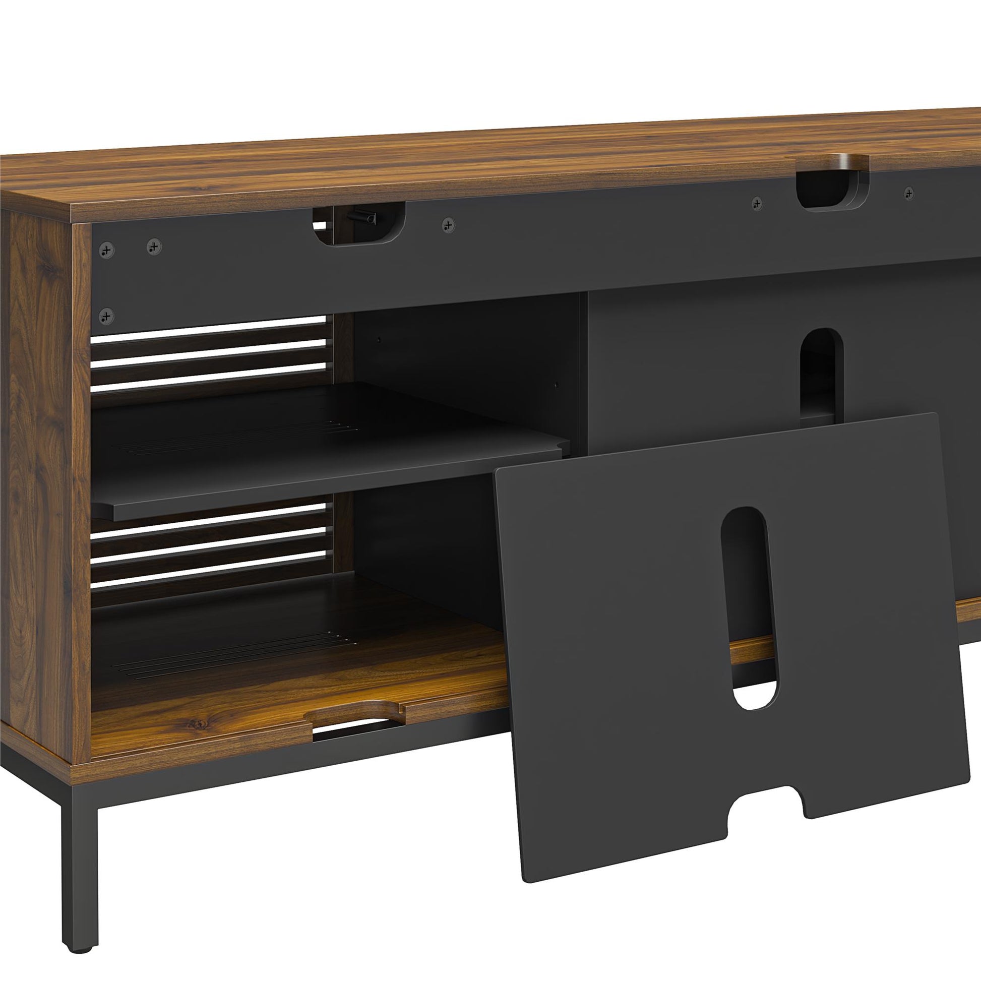 68" Media Console with Steel Post Base for TVs up to 77", Walnut Wood Veneer - Columbia Walnut Veneer