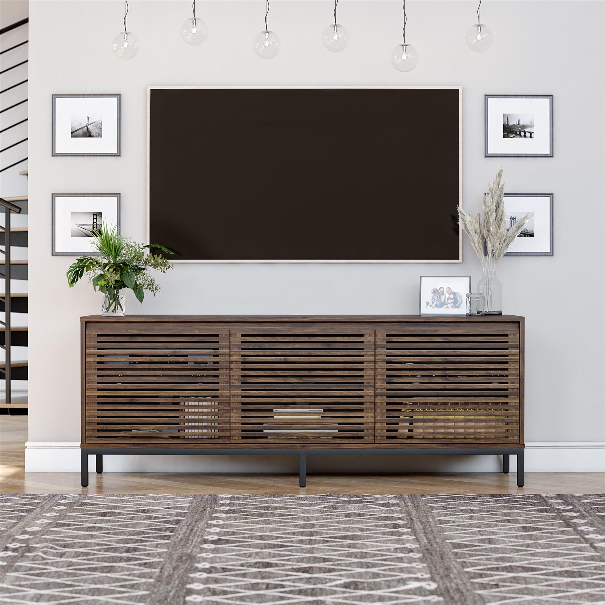 68" Media Console with Steel Post Base for TVs up to 77", Walnut Wood Veneer - Columbia Walnut Veneer
