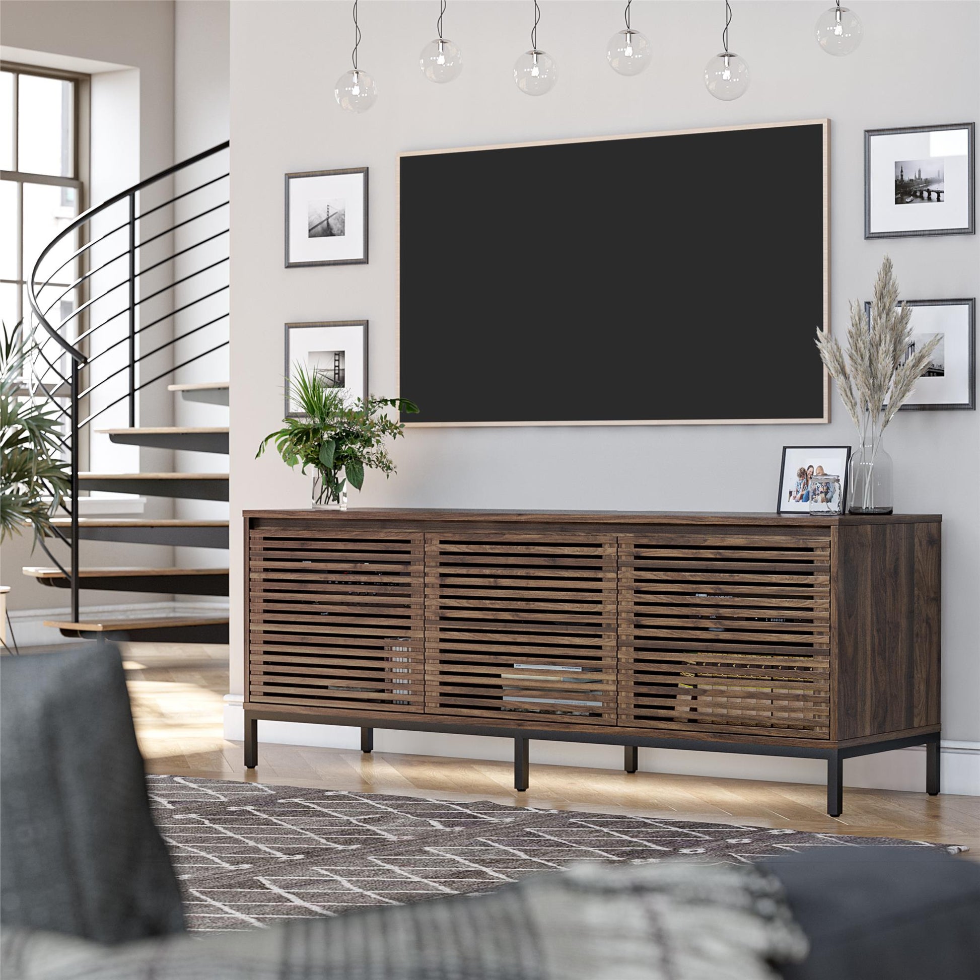 68" Media Console with Steel Post Base for TVs up to 77", Walnut Wood Veneer - Columbia Walnut Veneer