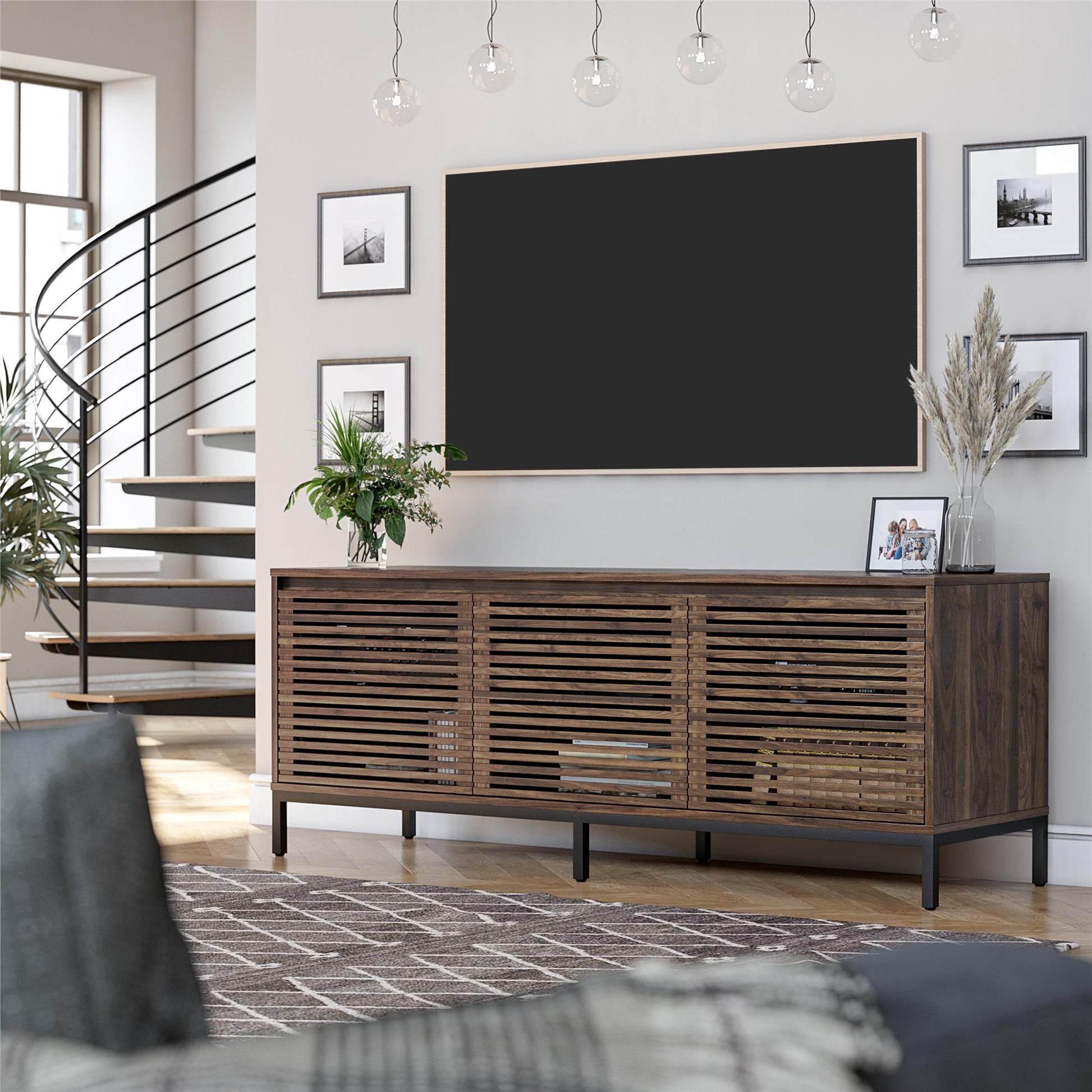 68" Media Console with Steel Post Base for TVs up to 77", Walnut Wood Veneer - Columbia Walnut Veneer