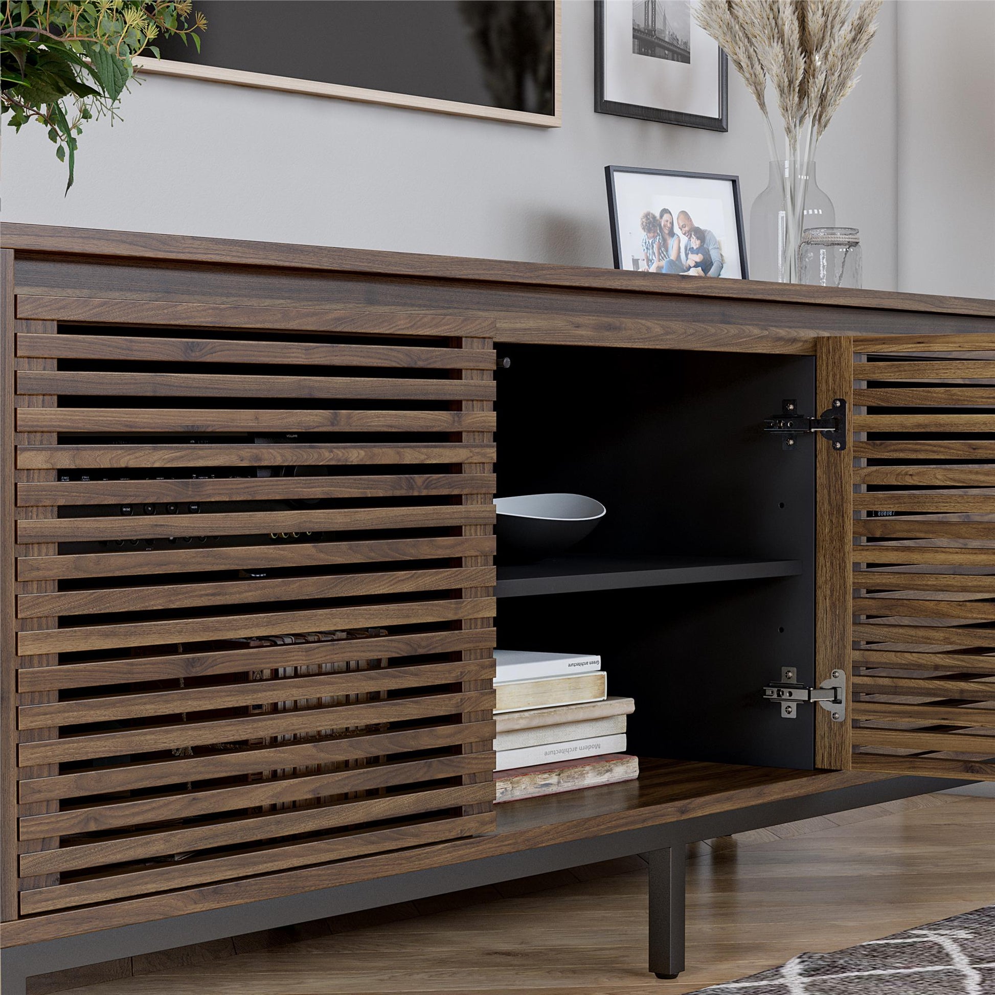 68" Media Console with Steel Post Base for TVs up to 77", Walnut Wood Veneer - Columbia Walnut Veneer