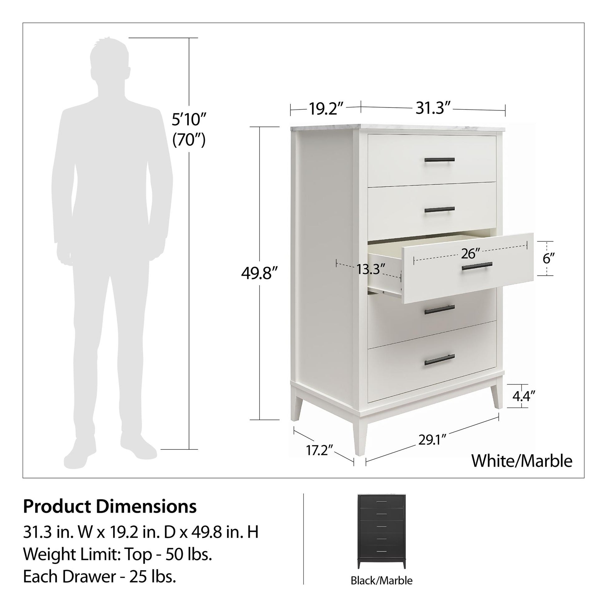 Lynnhaven Modern Tall 5 Drawer with Tapered Legs & Marble Top - White