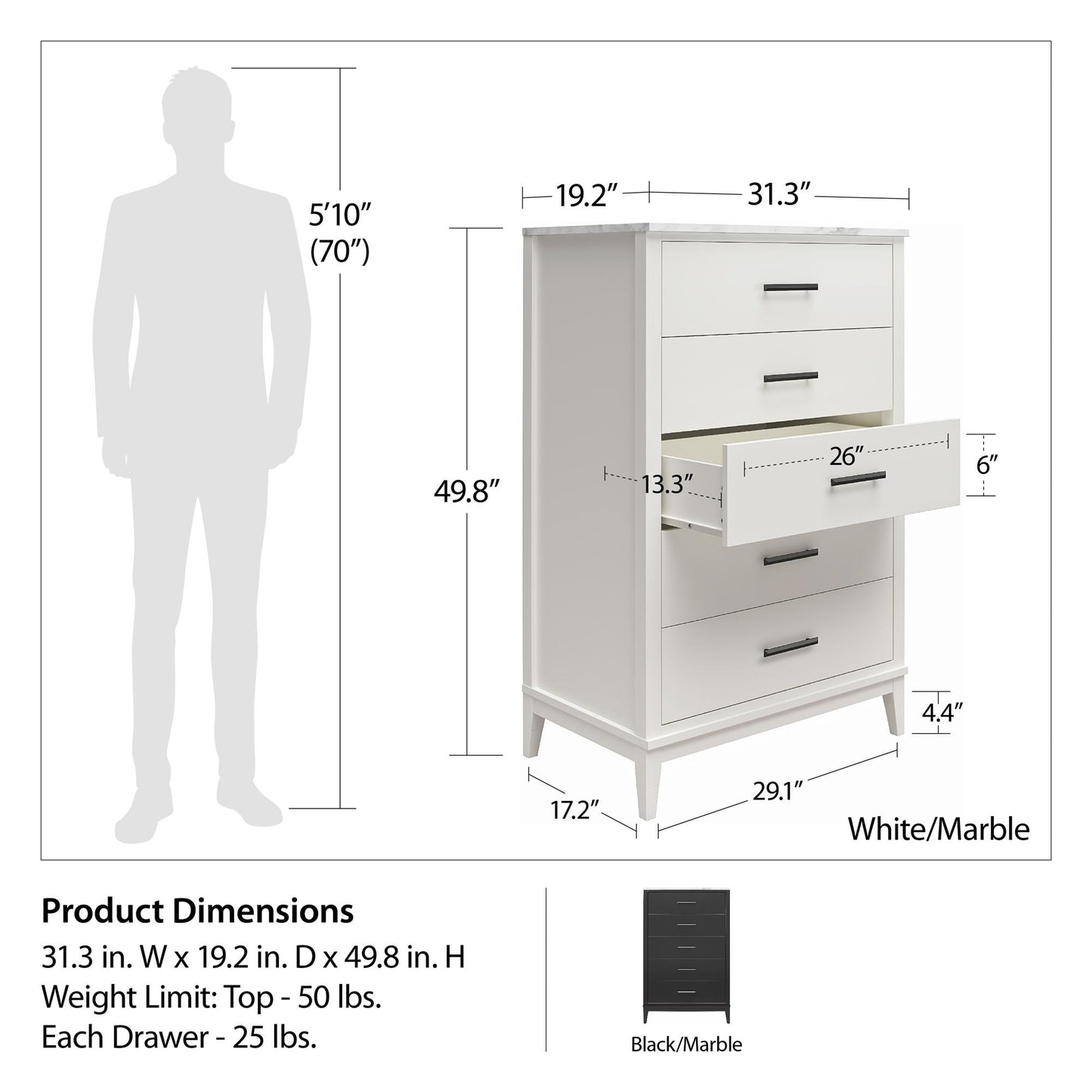 Lynnhaven Modern Tall 5 Drawer Dresser with Tapered Legs & Marble Top - Black