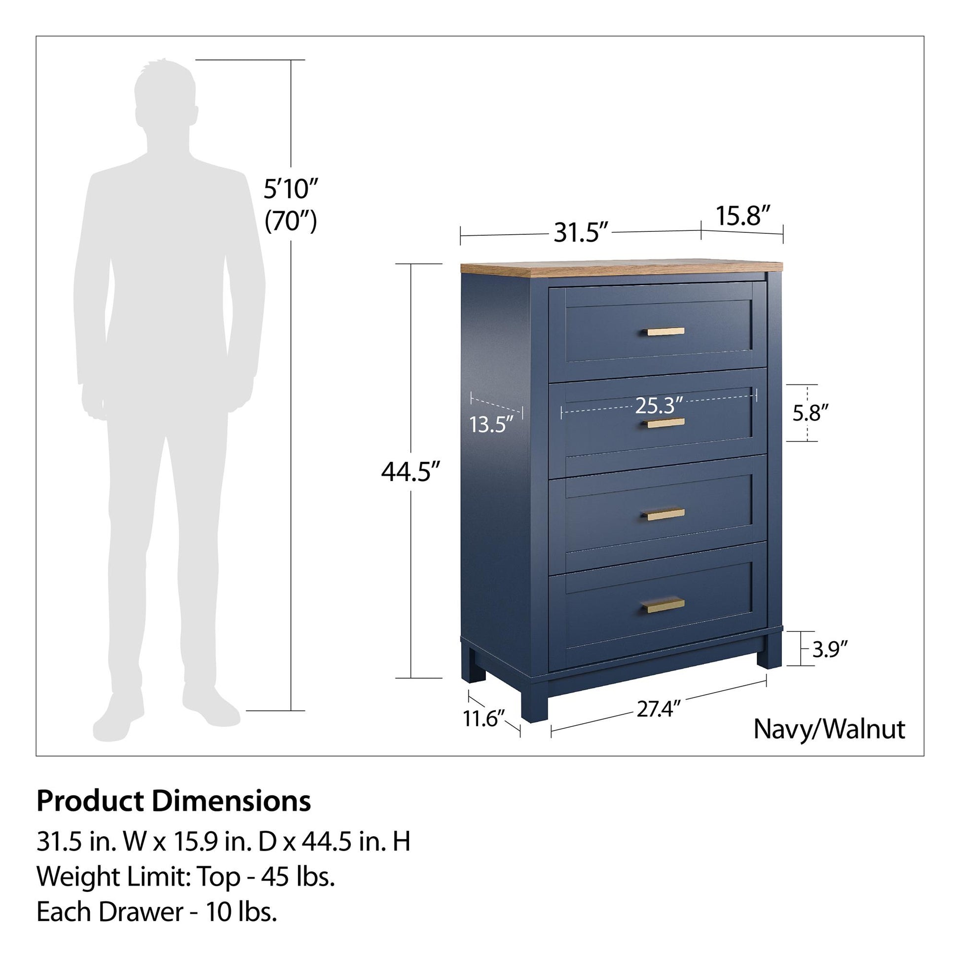 Armada Tall 4 Drawer Dresser - Navy