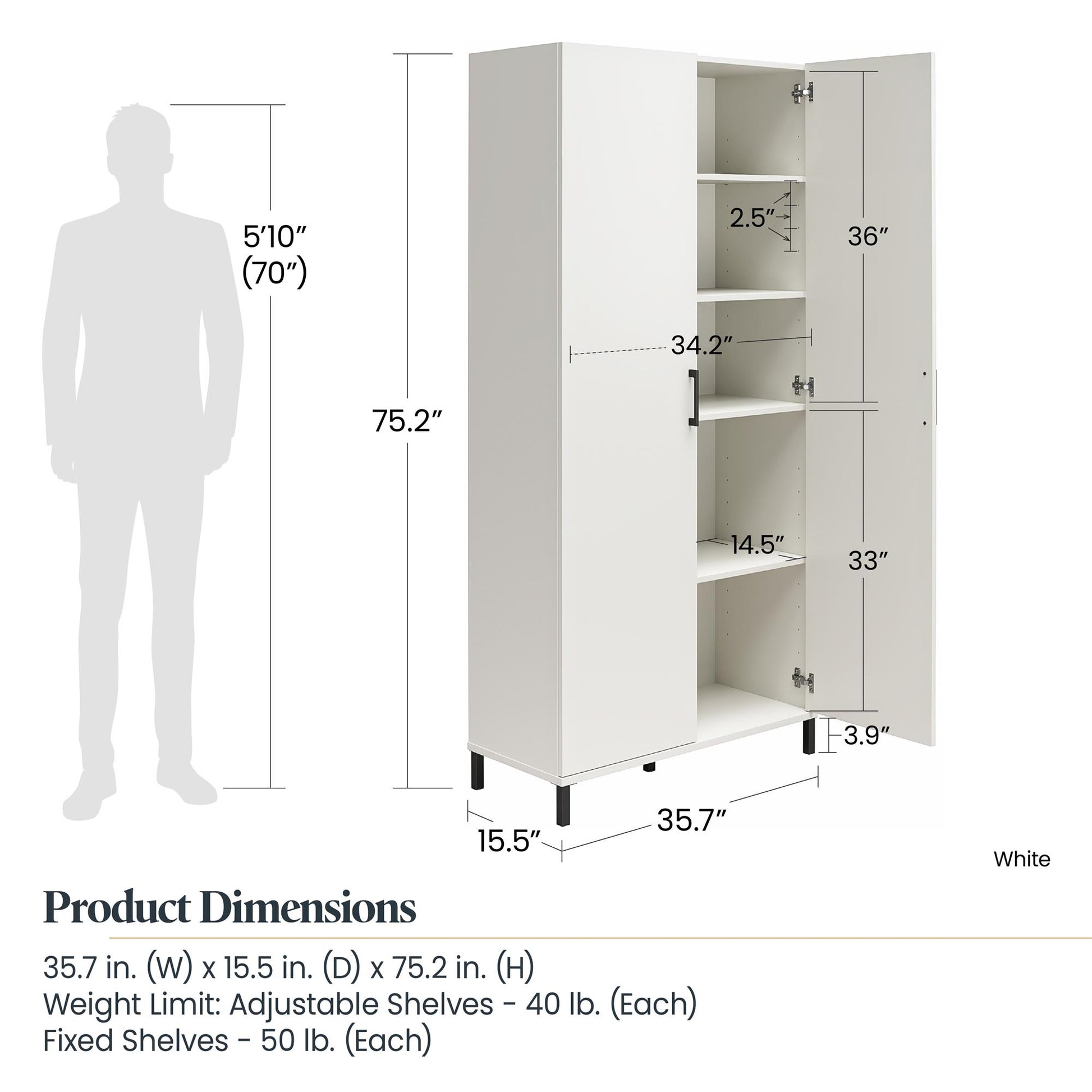 Versa 36" Wide 2 Door Garage Sport or Craft Storage Cabinet - White