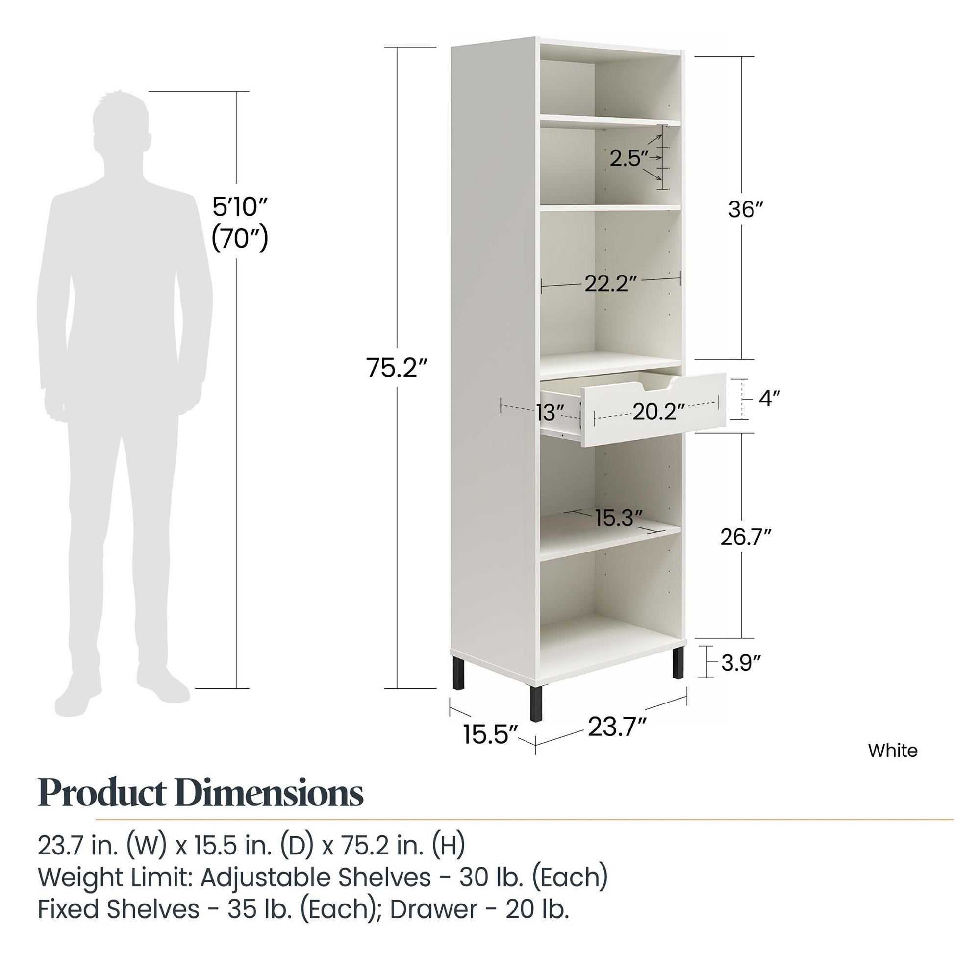 Versa Open Cabinet for Crafting with Drawer and Adjustable Shelving - White
